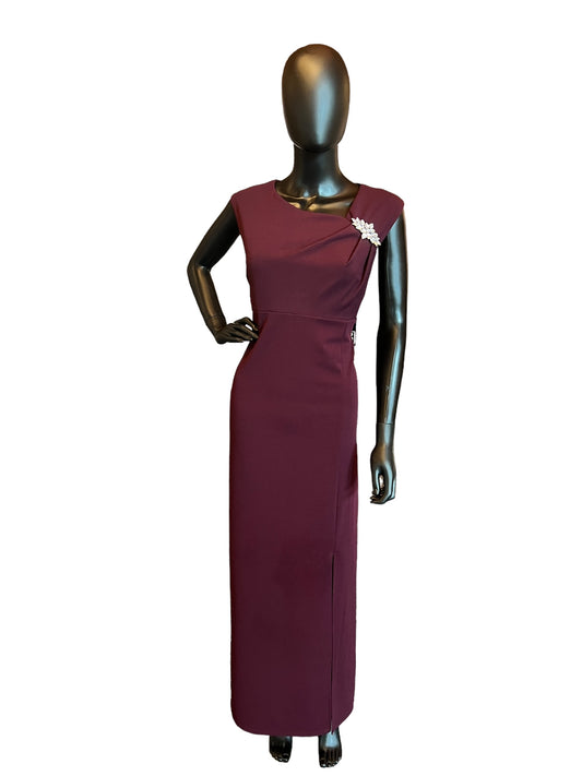 Plum Long Formal Sheath Gown W/Diamond Brooch and Cap Sleeve