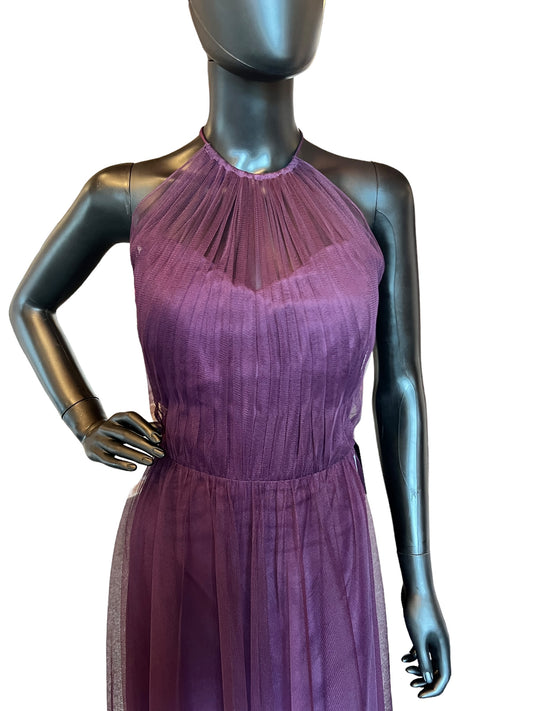 Plum Net Tie Neck Illusion Halter Maxi Formal Dress - W-Too