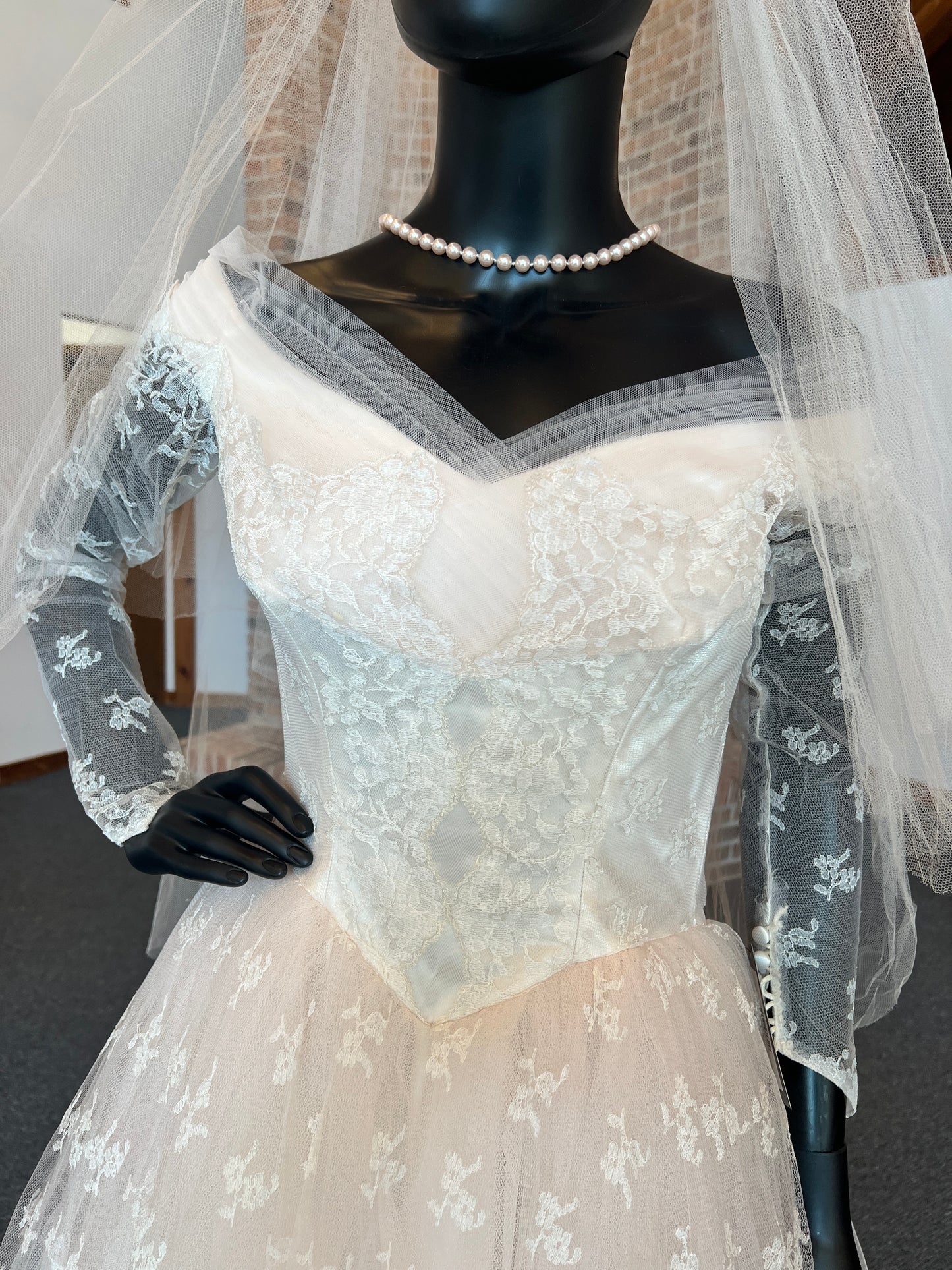 Vintage Blush Wedding Gown Tulle Sleeves W/Veil