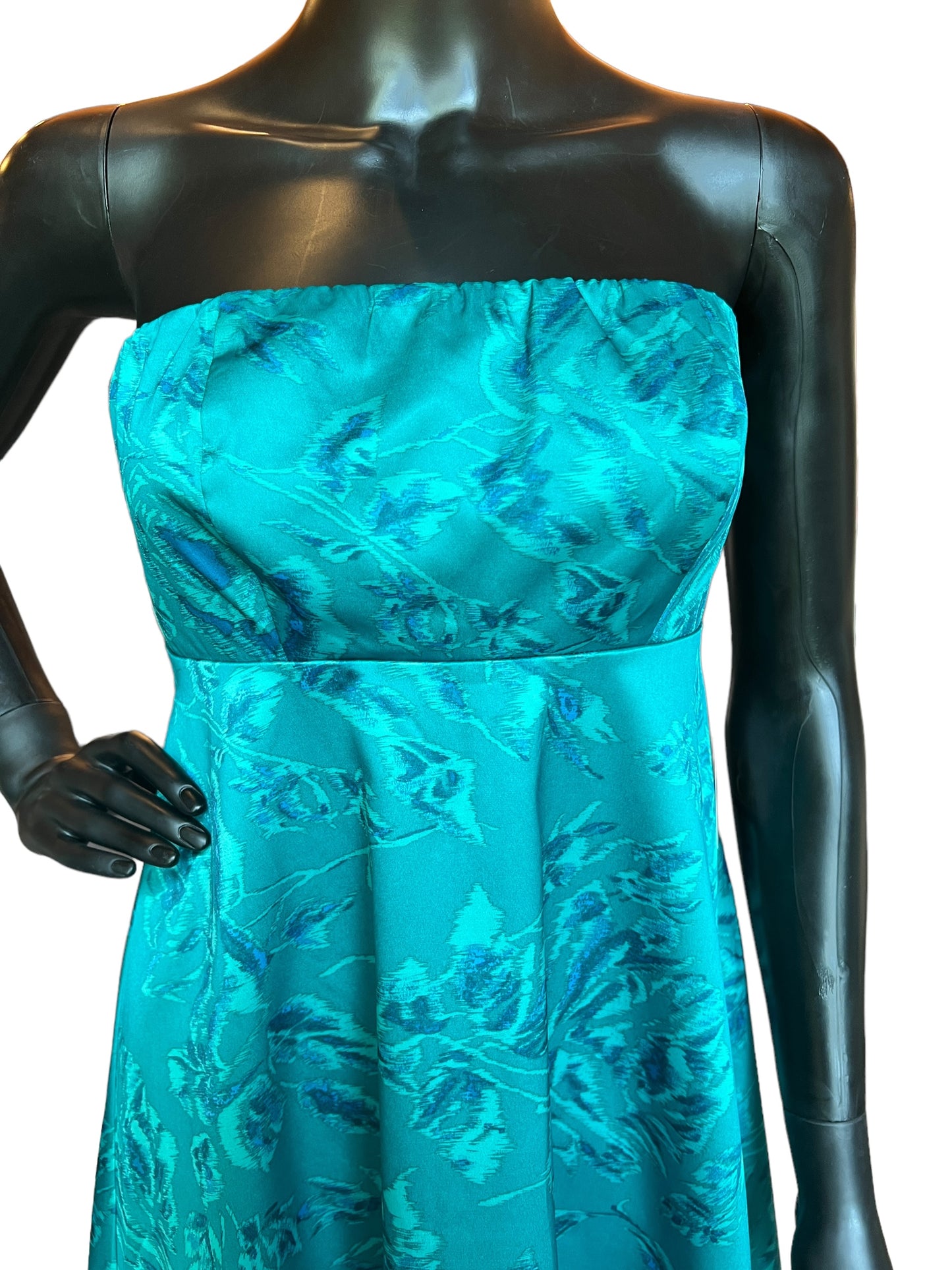 Green Satin Print Strapless Short Dress