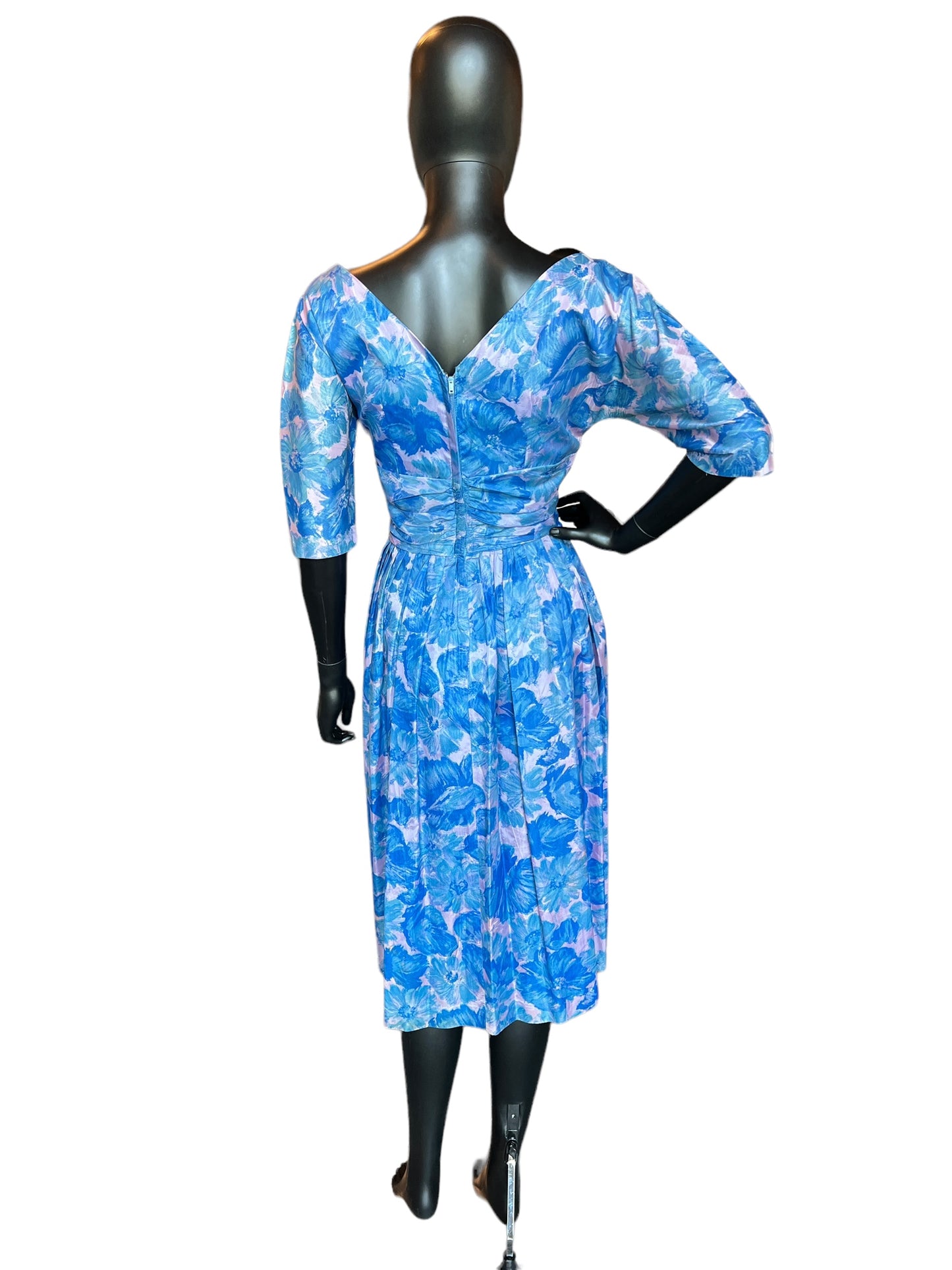 Vintage 60s Blue/Rose Floral Cocktail Dress