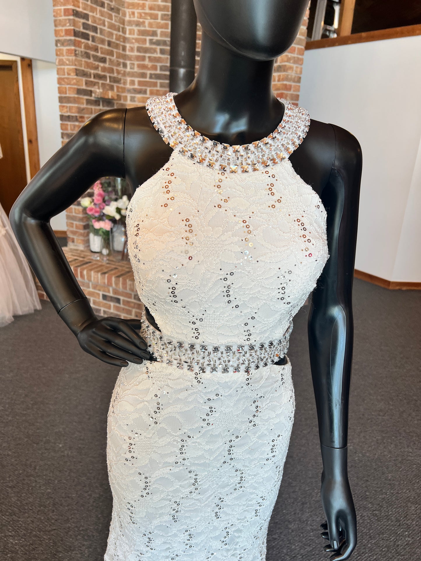 White Lace Sequin Open Dress