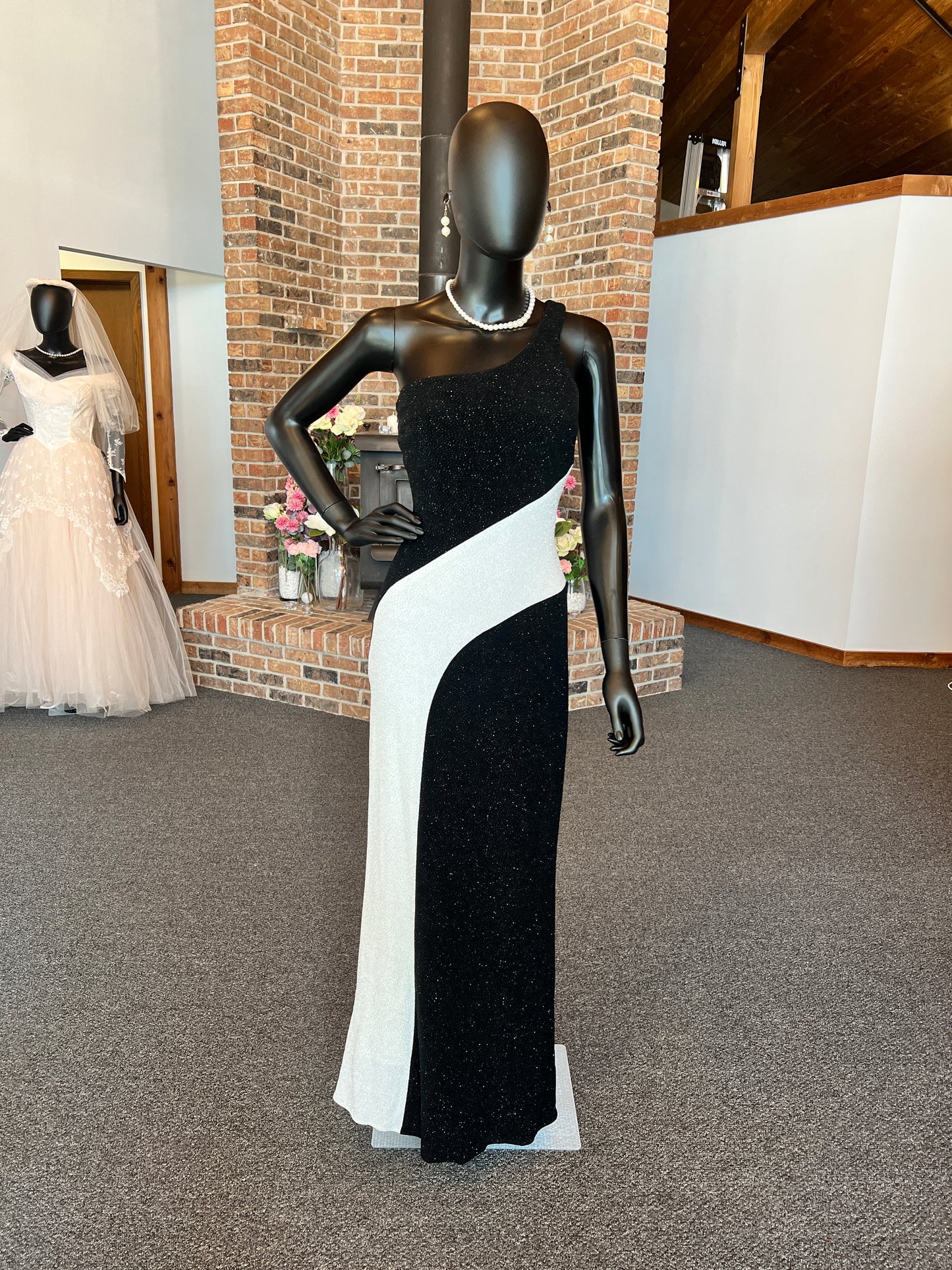 Black/White Sparkle One Shoulder Full Length Formal Gown
