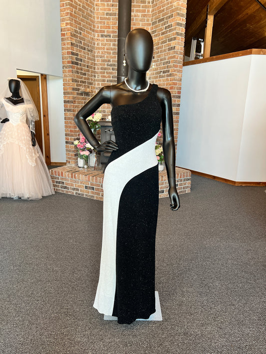Black/White Sparkle One Shoulder Full Length Formal Gown