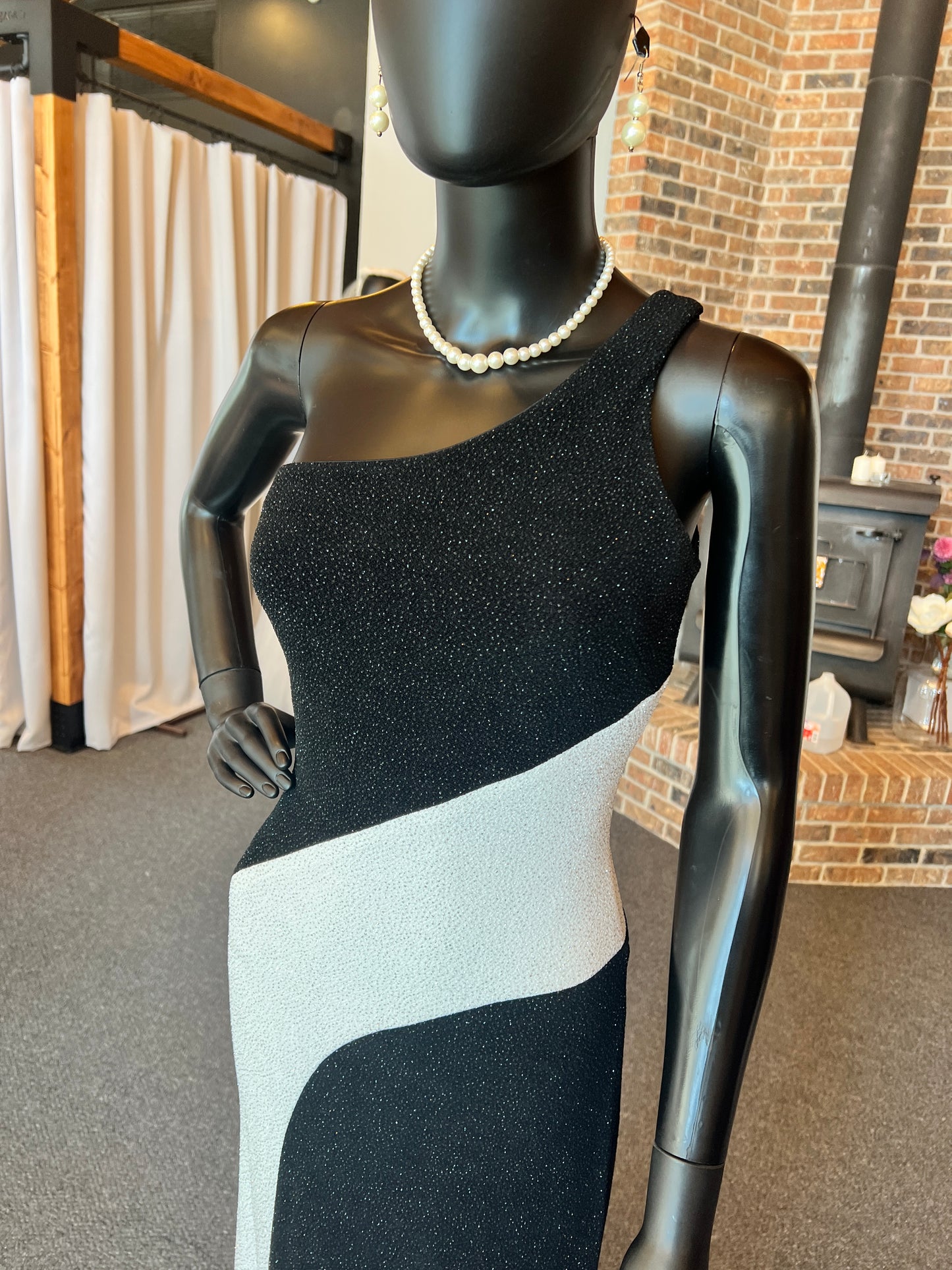 Black/White Sparkle One Shoulder Full Length Formal Gown