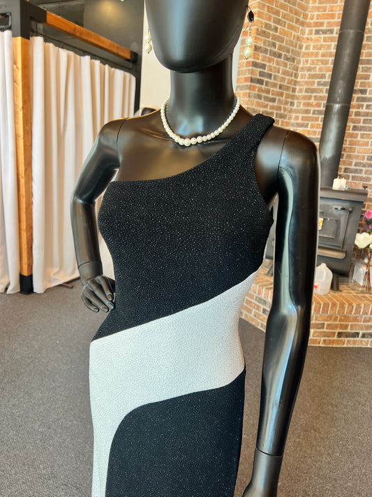 Black/White Sparkle One Shoulder Full Length Formal Gown