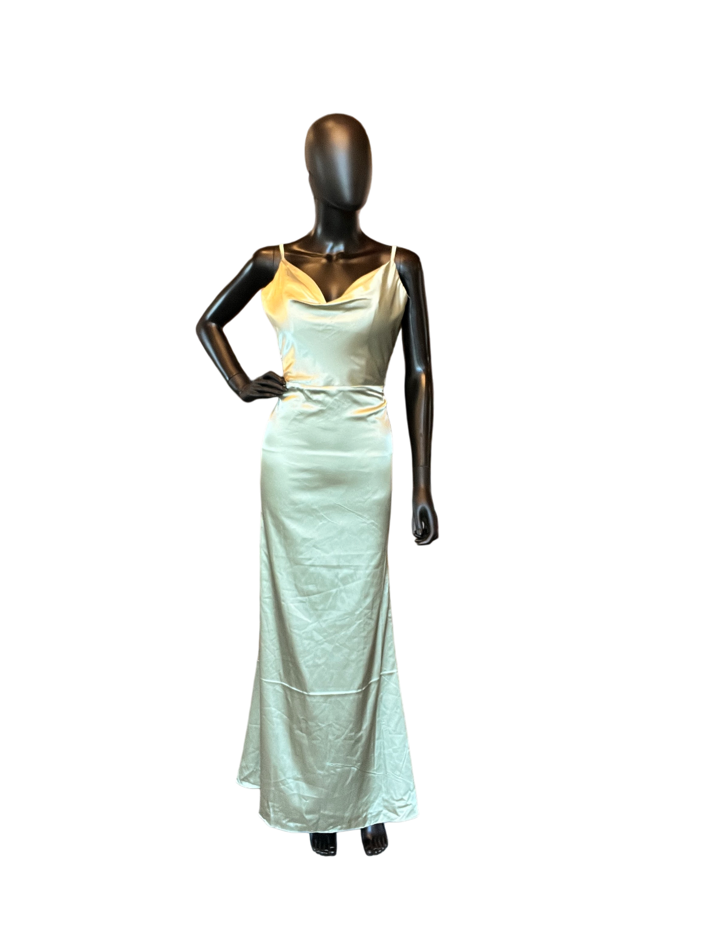 Sage Satin Drape Cowl Spaghetti Strap Formal Dress - NWT Hebeos