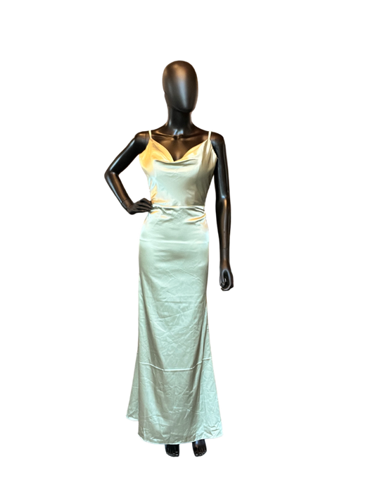 Sage Satin Drape Cowl Spaghetti Strap Formal Dress - NWT Hebeos