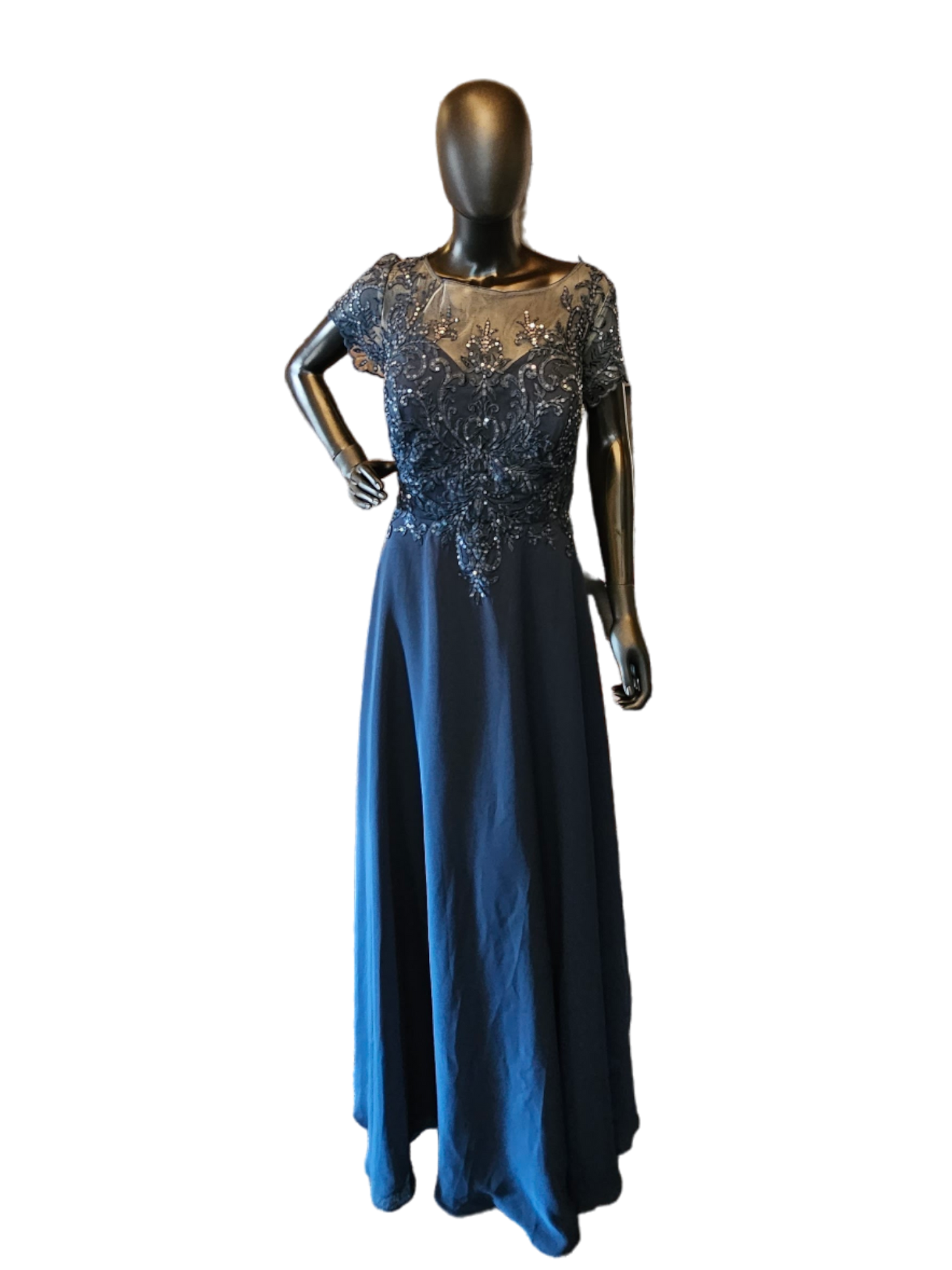 Navy Chiffon Illusion Sleeve Sequin Maxi Dress