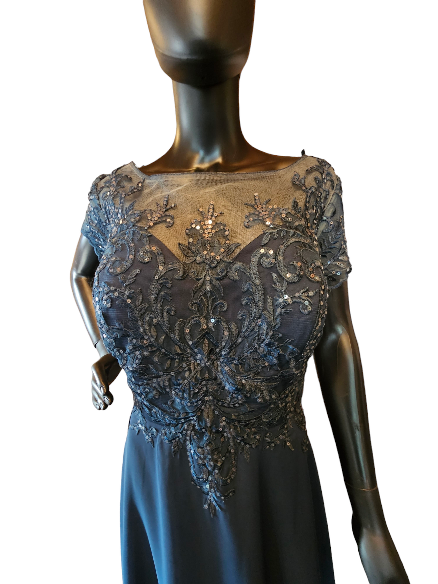 Navy Chiffon Illusion Sleeve Sequin Maxi Dress