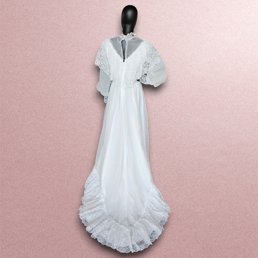 Vintage 70s Lace Bandeau Chiffon High-Collar Wedding Gown