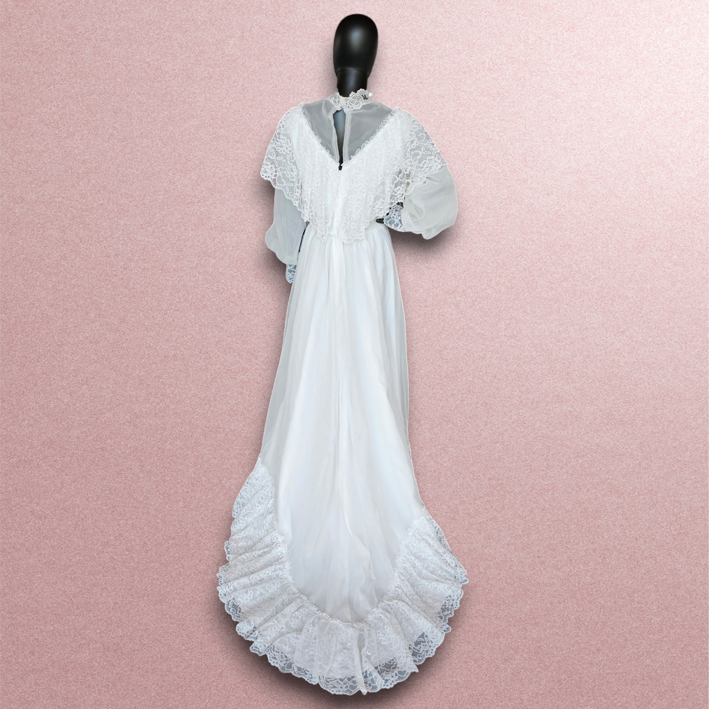 Vintage 70s Lace Bandeau Chiffon High-Collar Wedding Gown