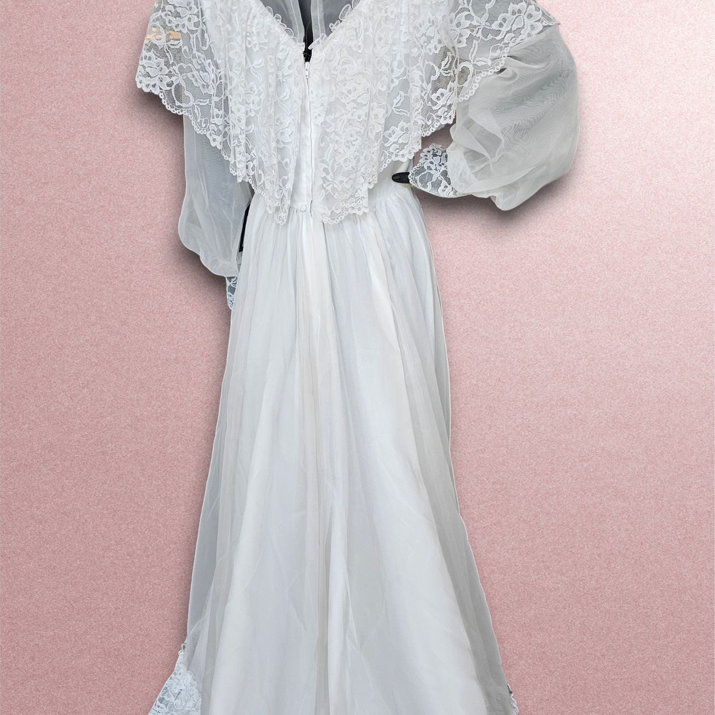 Vintage 70s Lace Bandeau Chiffon High-Collar Wedding Gown