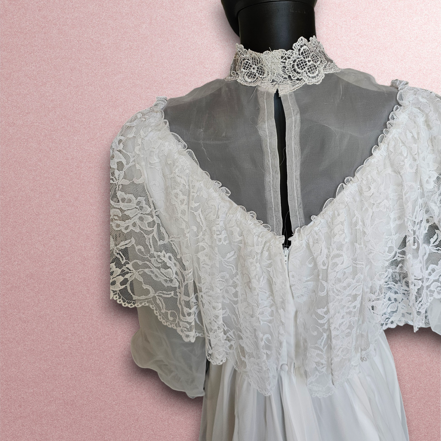 Vintage 70s Lace Bandeau Chiffon High-Collar Wedding Gown