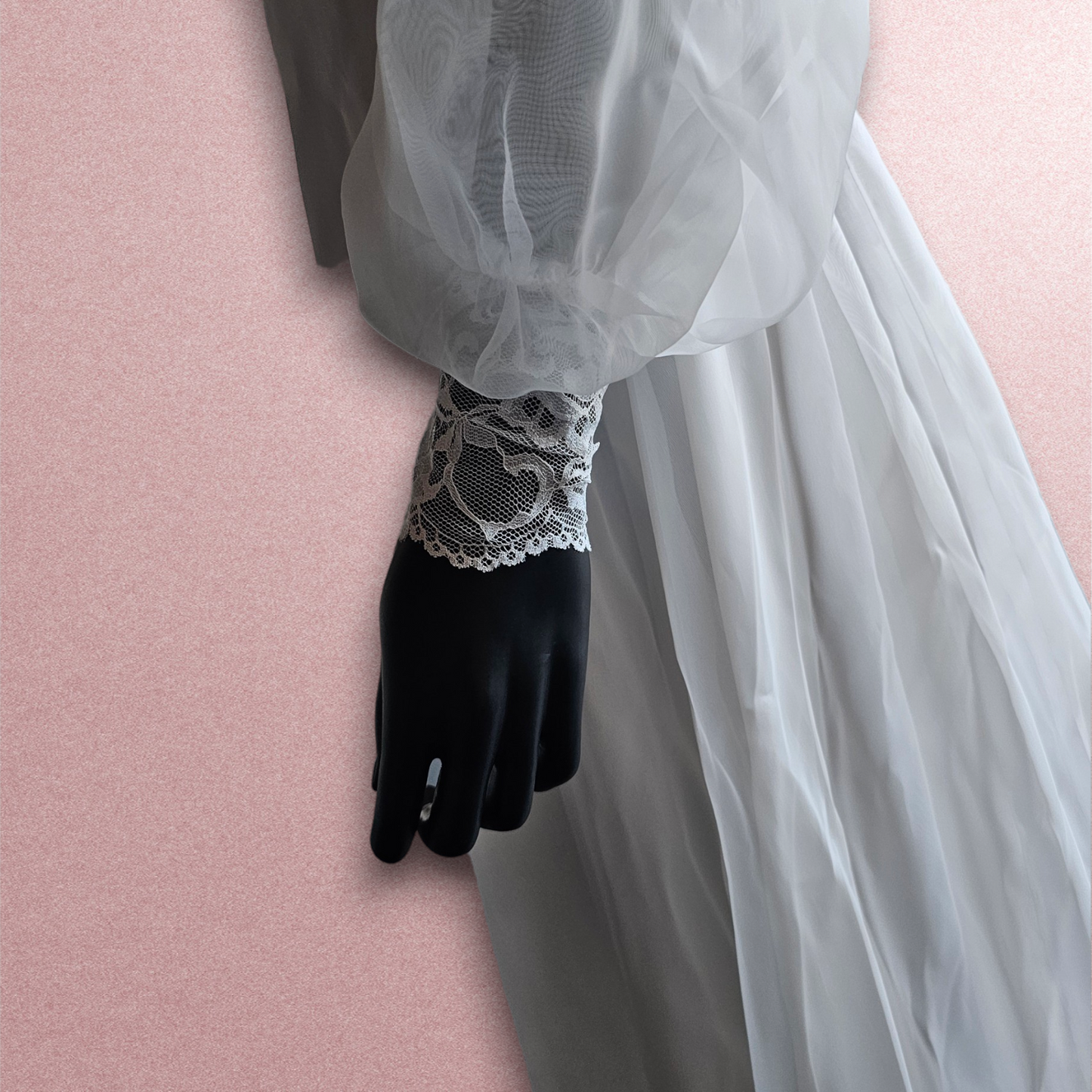 Vintage 70s Lace Bandeau Chiffon High-Collar Wedding Gown