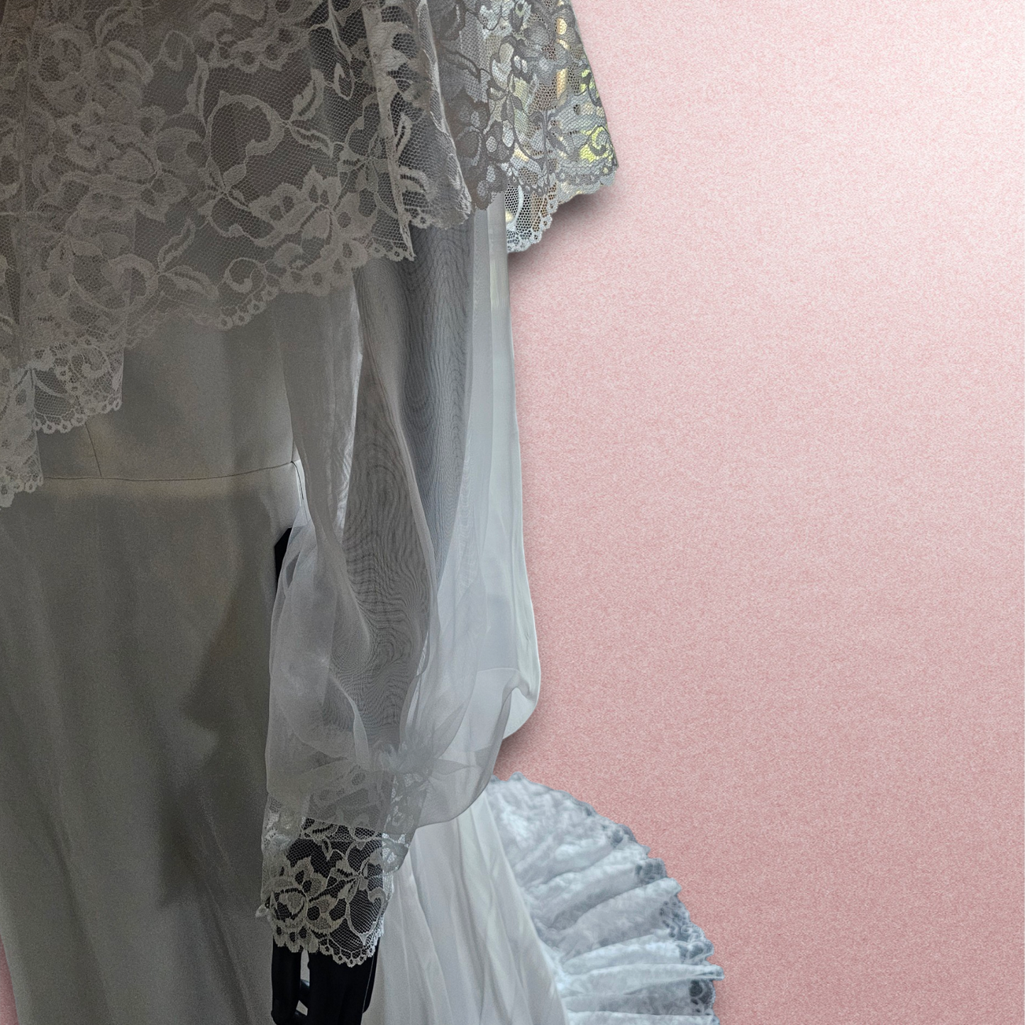 Vintage 70s Lace Bandeau Chiffon High-Collar Wedding Gown