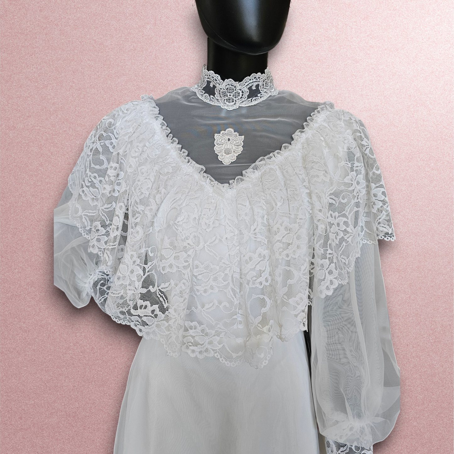 Vintage 70s Lace Bandeau Chiffon High-Collar Wedding Gown
