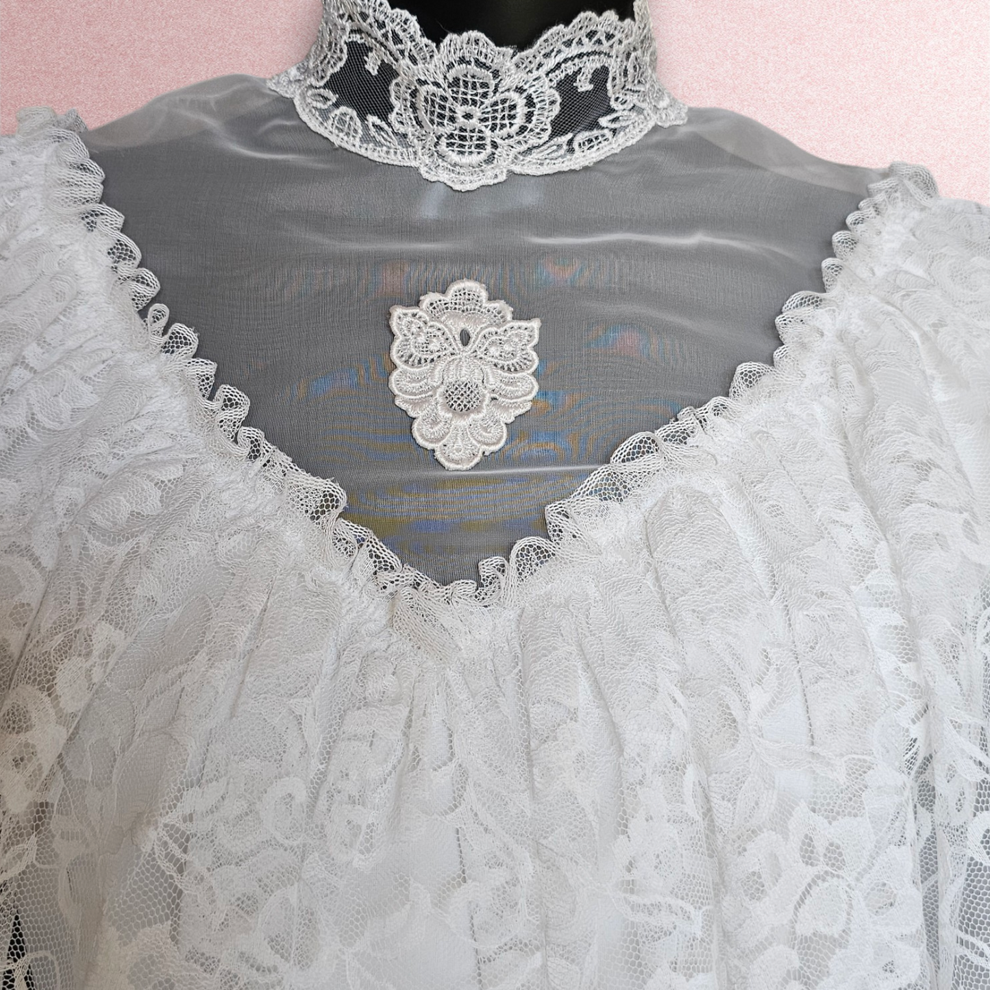 Vintage 70s Lace Bandeau Chiffon High-Collar Wedding Gown