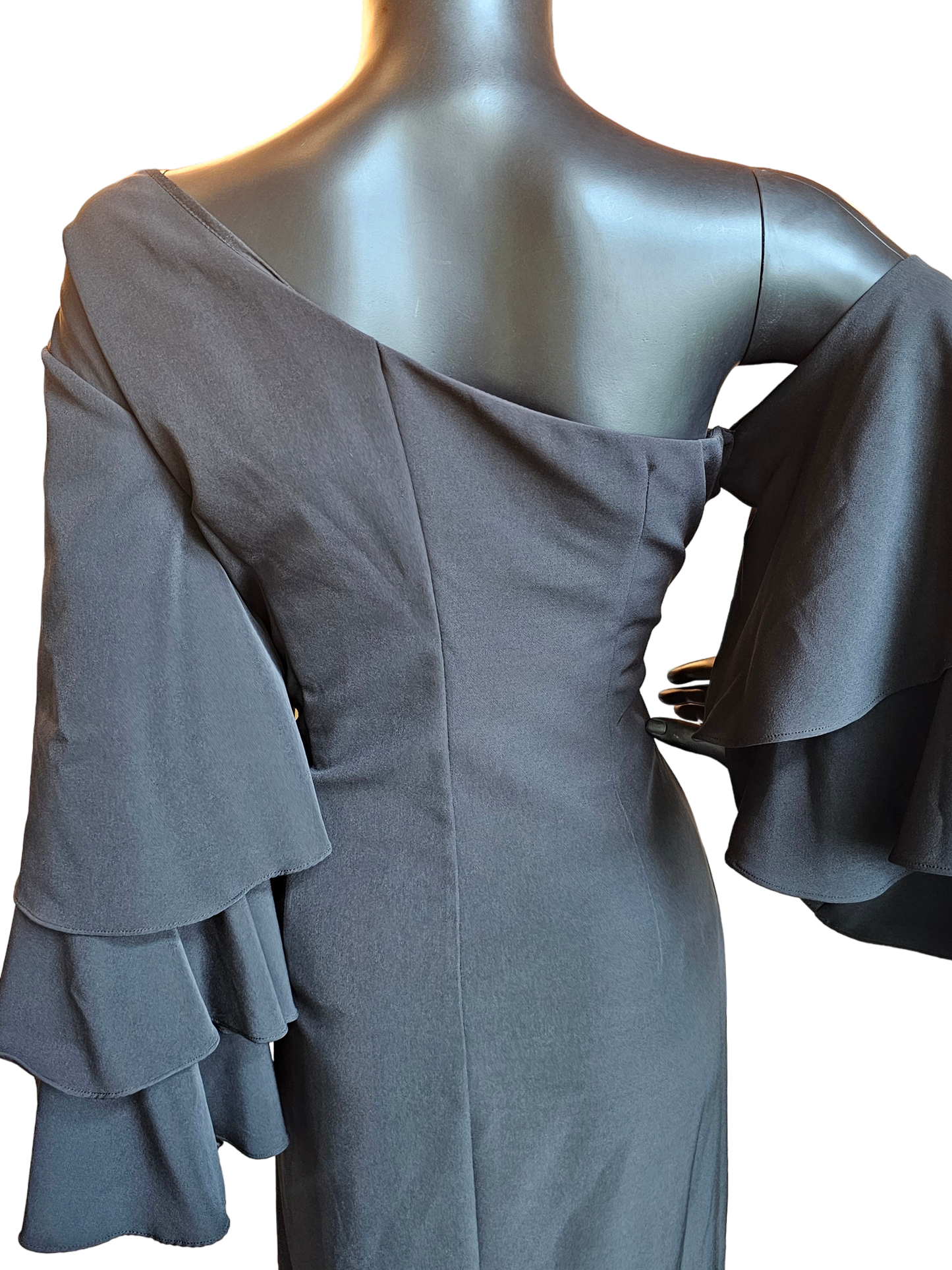 Black Ruffle Sleeve One Shoulder / Asymmetrical Neckline Party Dress