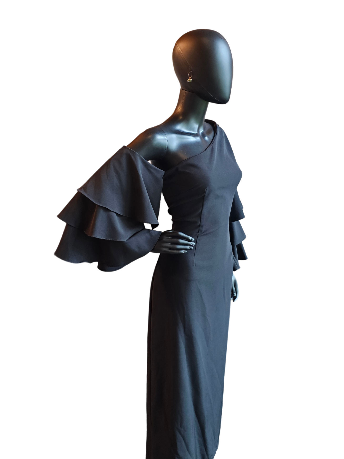 Black Ruffle Sleeve One Shoulder / Asymmetrical Neckline Party Dress