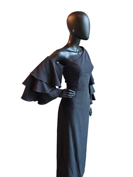 Black Ruffle Sleeve One Shoulder / Asymmetrical Neckline Party Dress
