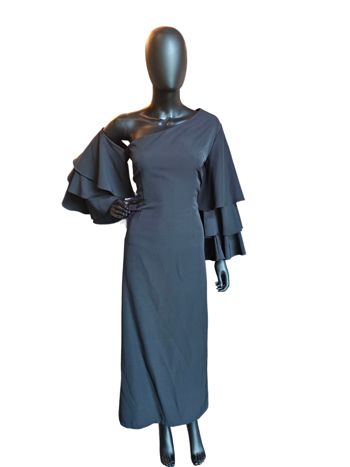 Black Ruffle Sleeve One Shoulder / Asymmetrical Neckline Party Dress