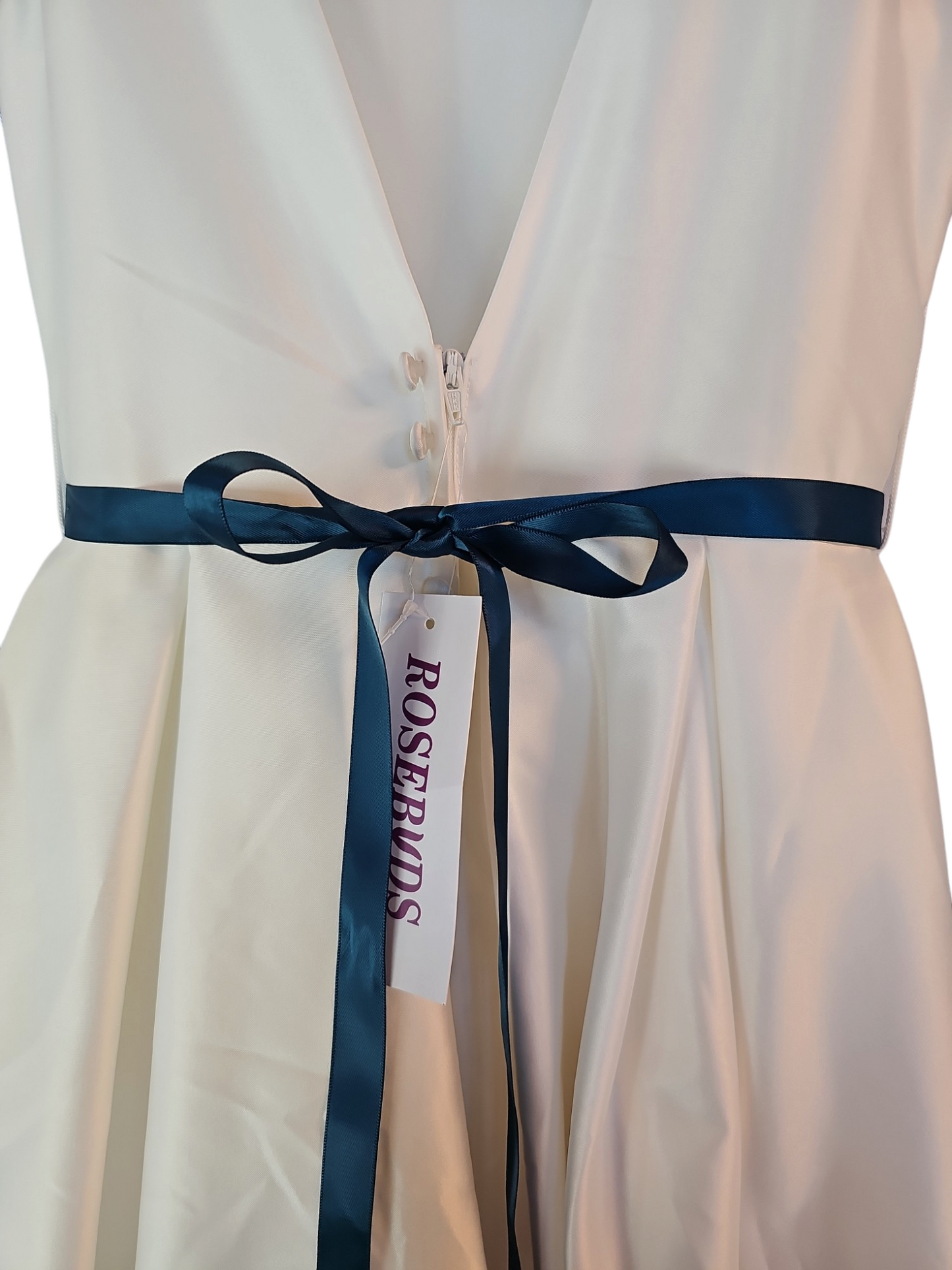 Ivory Satin Flower Girl Dress Teal Ribbon