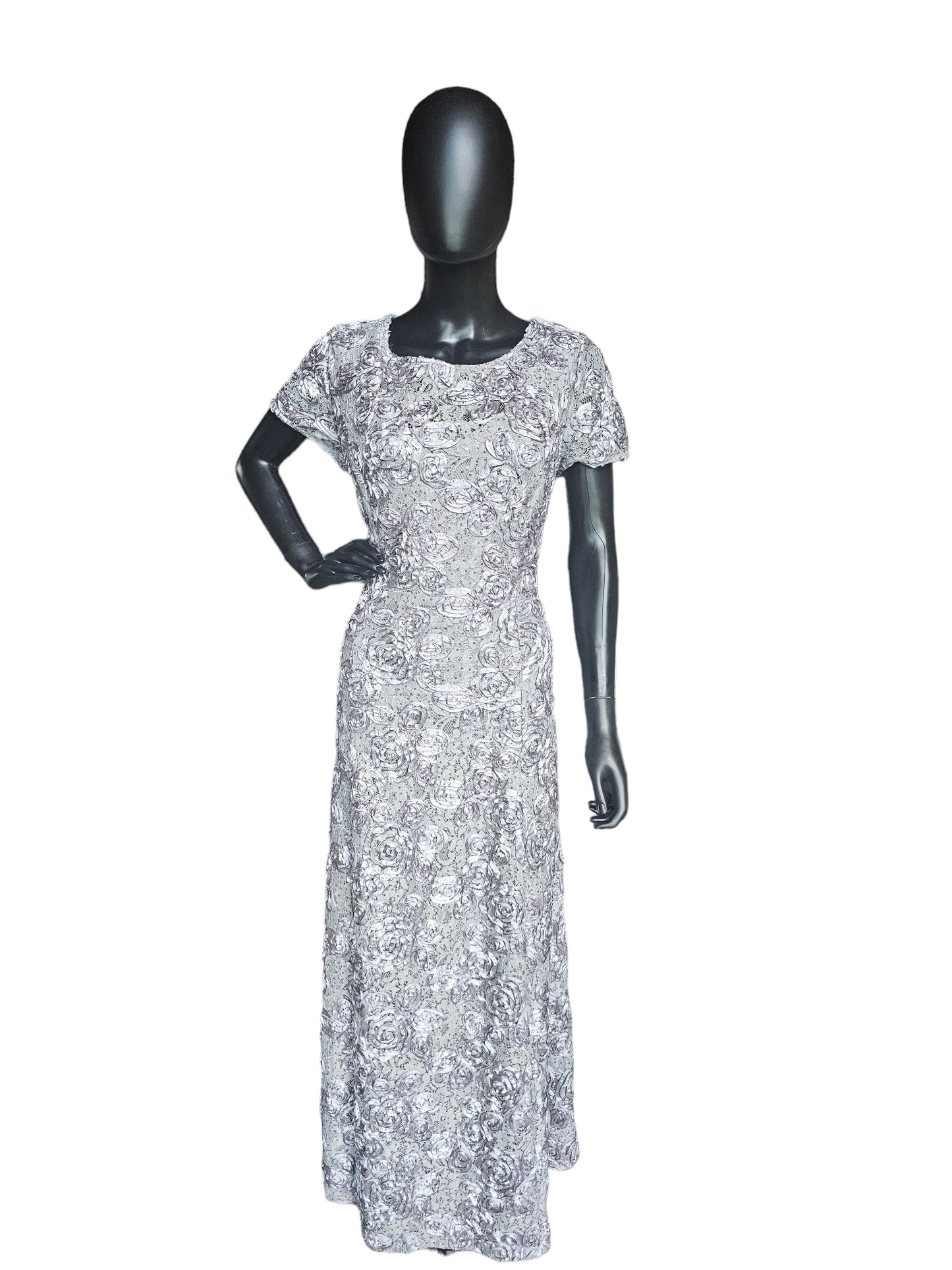 Silver Rosette Cap Sleeve Formal Dress - Alex Evenings