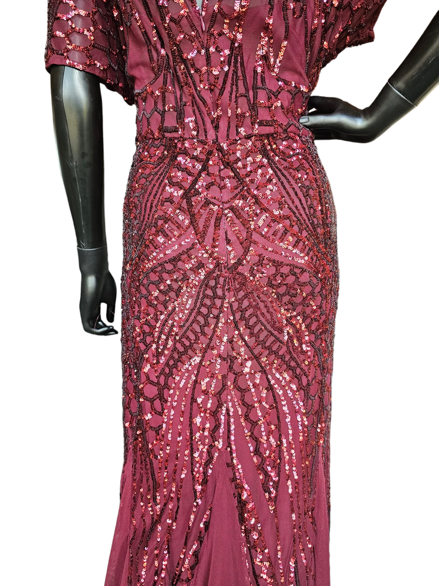 Red Sequin Flutter Sleeve Formal Gown