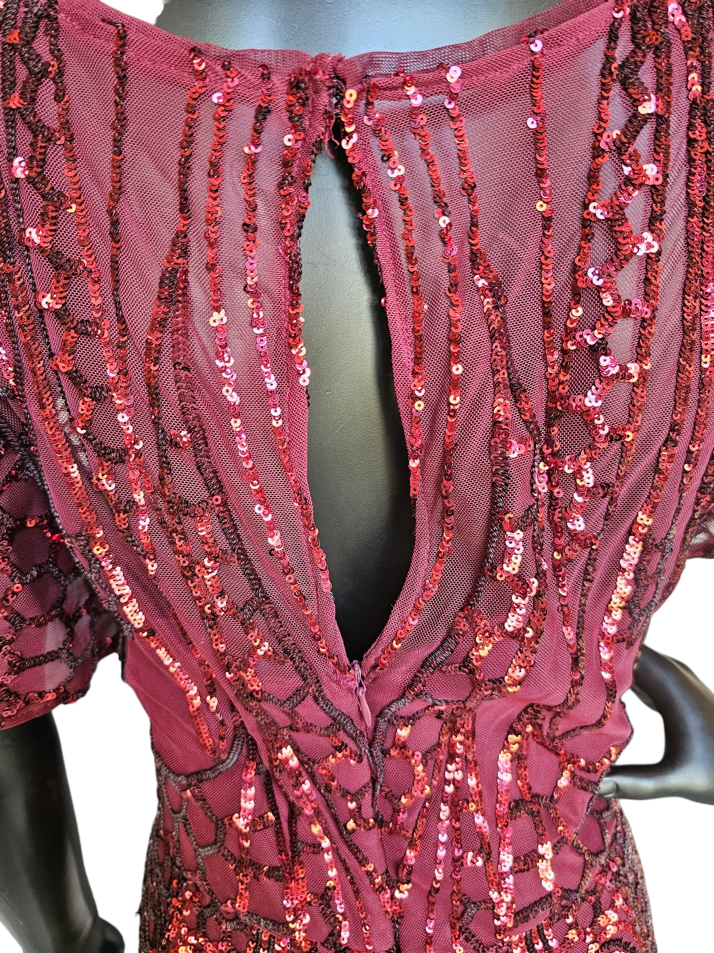 Red Sequin Flutter Sleeve Formal Gown