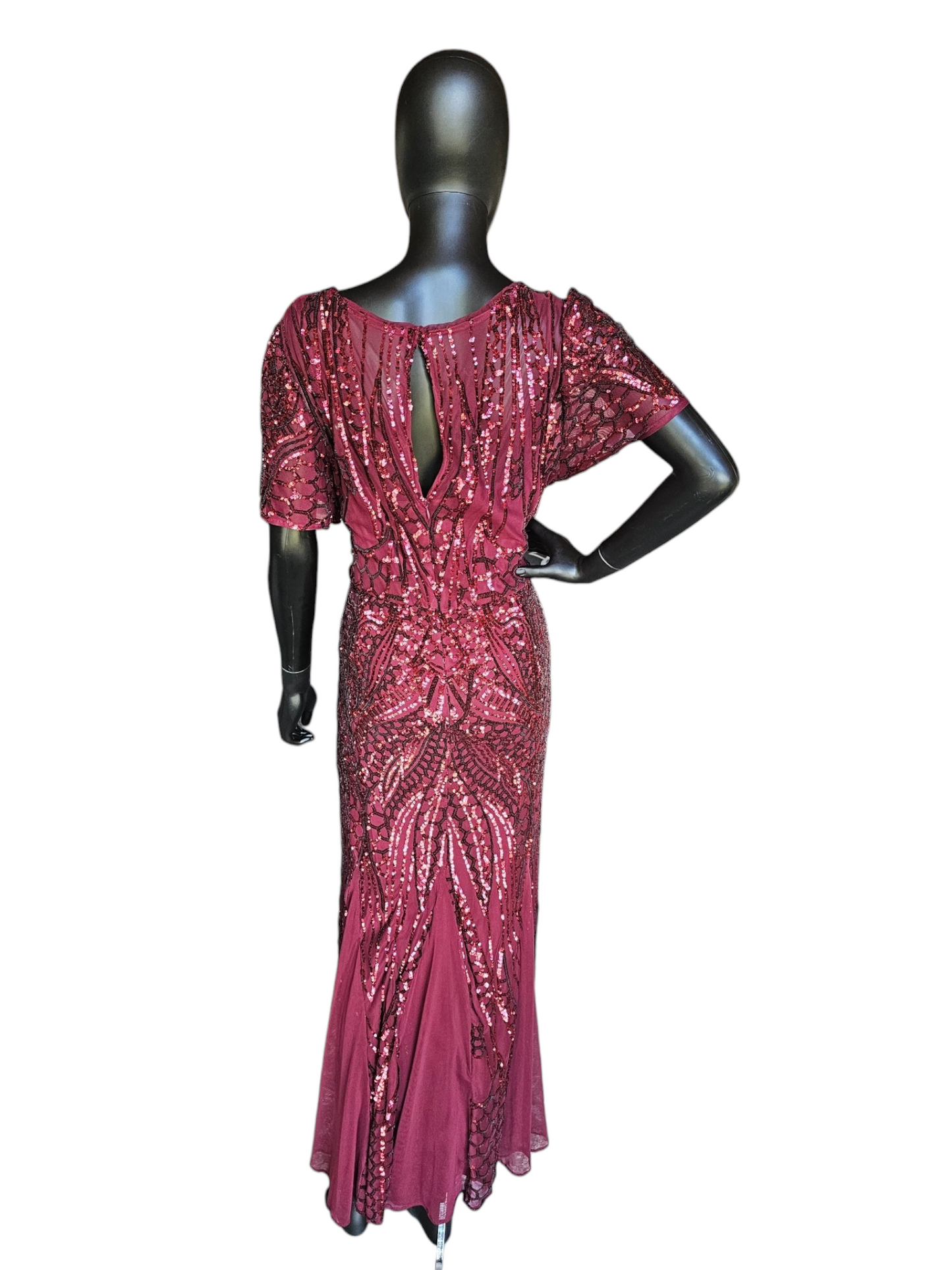 Red Sequin Flutter Sleeve Formal Gown