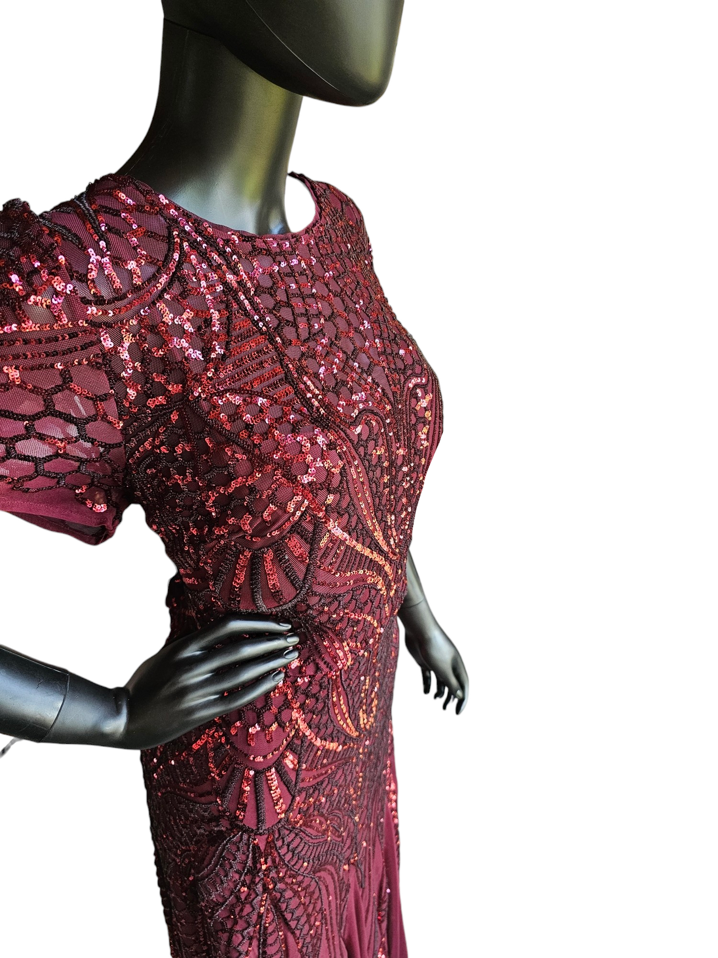 Red Sequin Flutter Sleeve Formal Gown