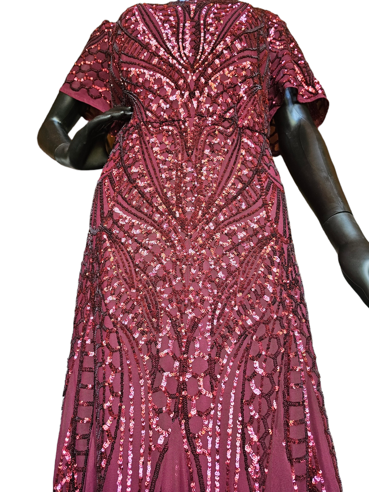 Red Sequin Flutter Sleeve Formal Gown