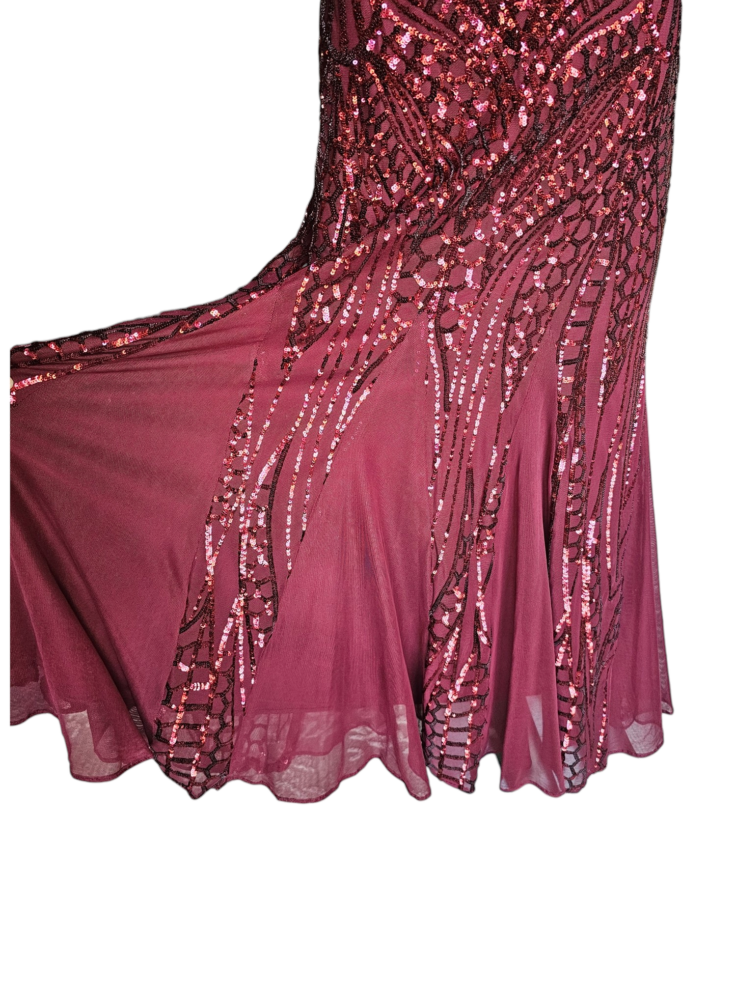 Red Sequin Flutter Sleeve Formal Gown