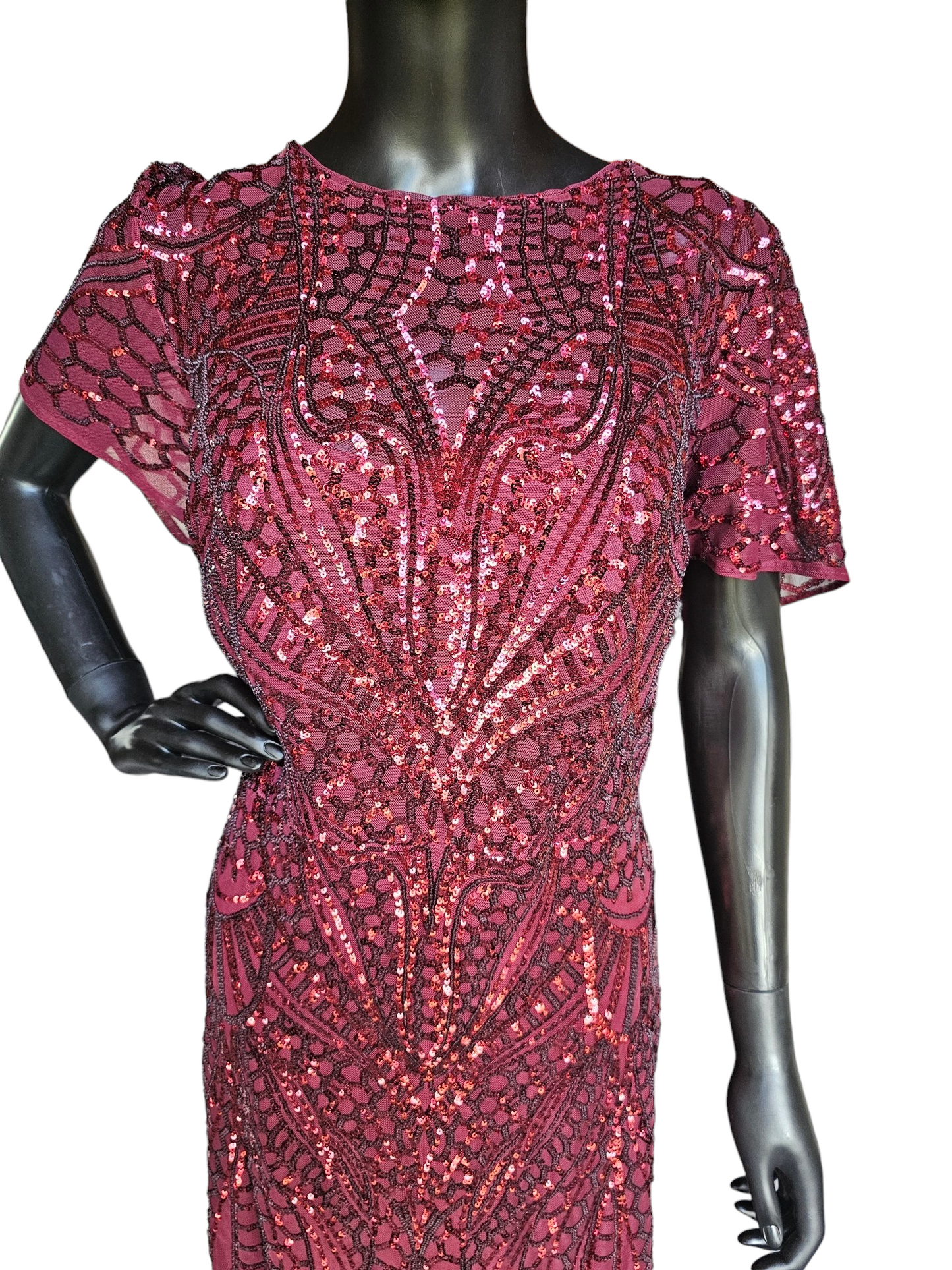 Red Sequin Flutter Sleeve Formal Gown