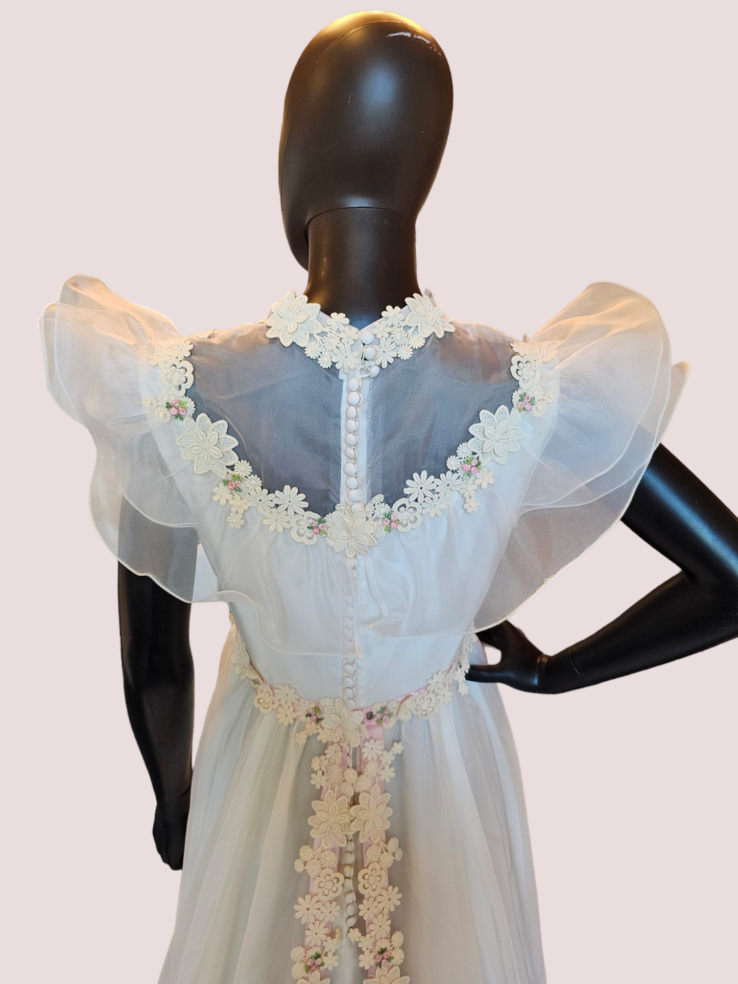 Vintage Pink Floral Flutter Wedding Gown