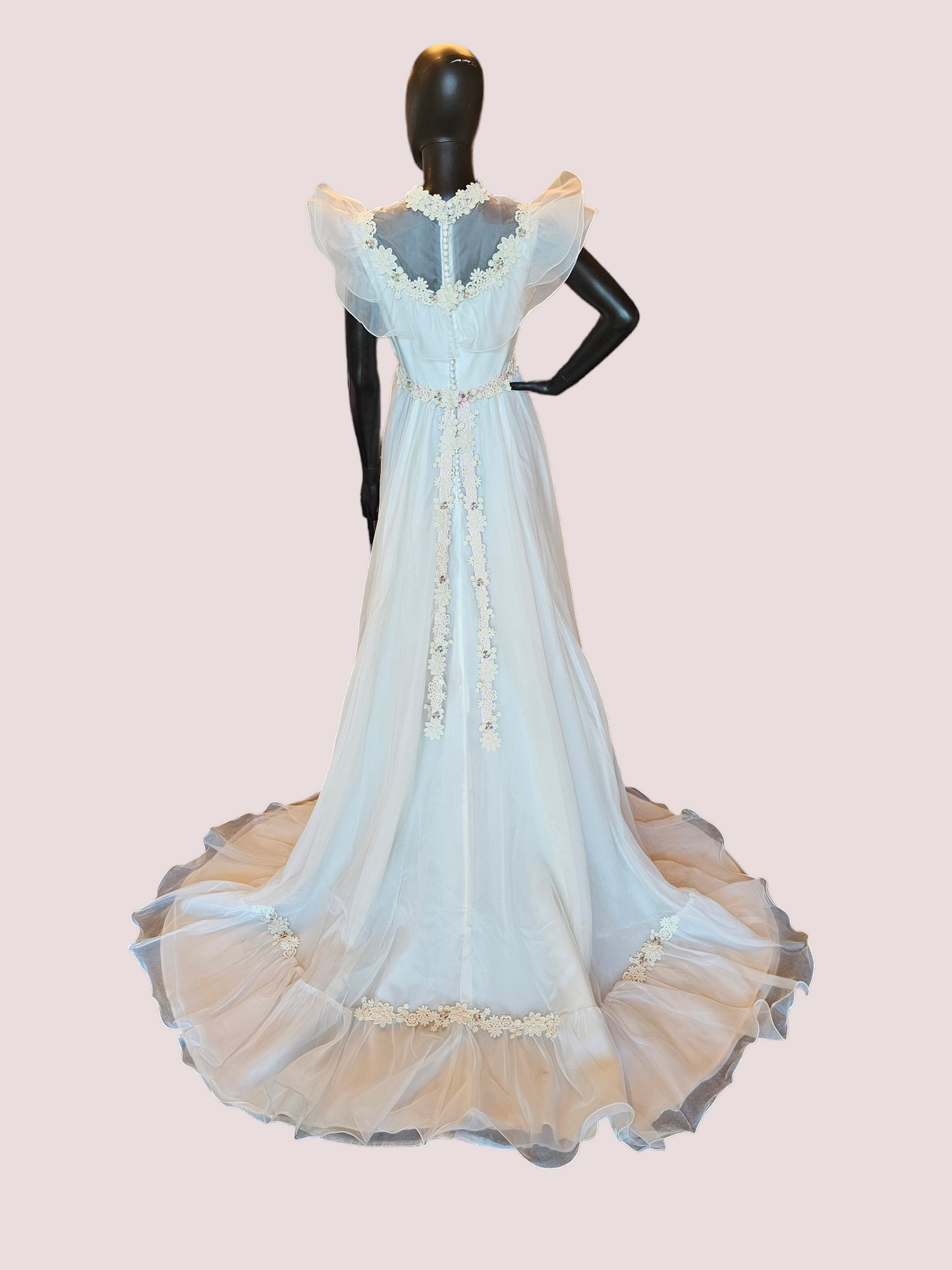 Vintage Pink Floral Flutter Wedding Gown