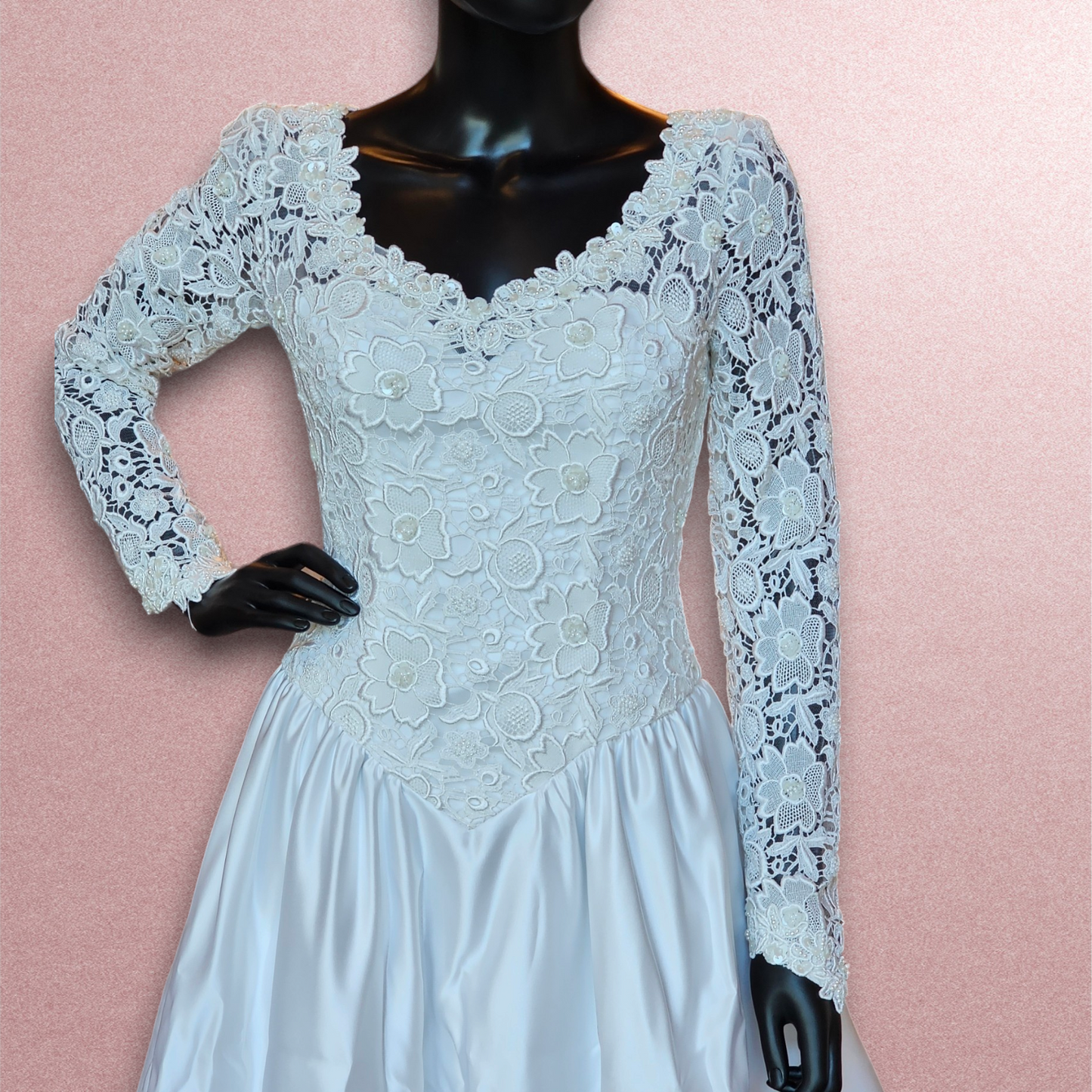 Floral Lace Bodice Long Sleeve Wedding Gown