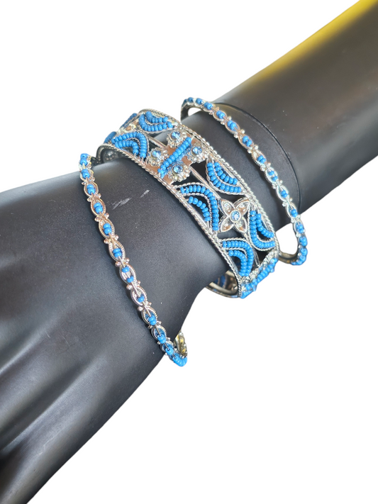 Silver/Cobalt Bead Indian Bangle Bracelet (set of 3)