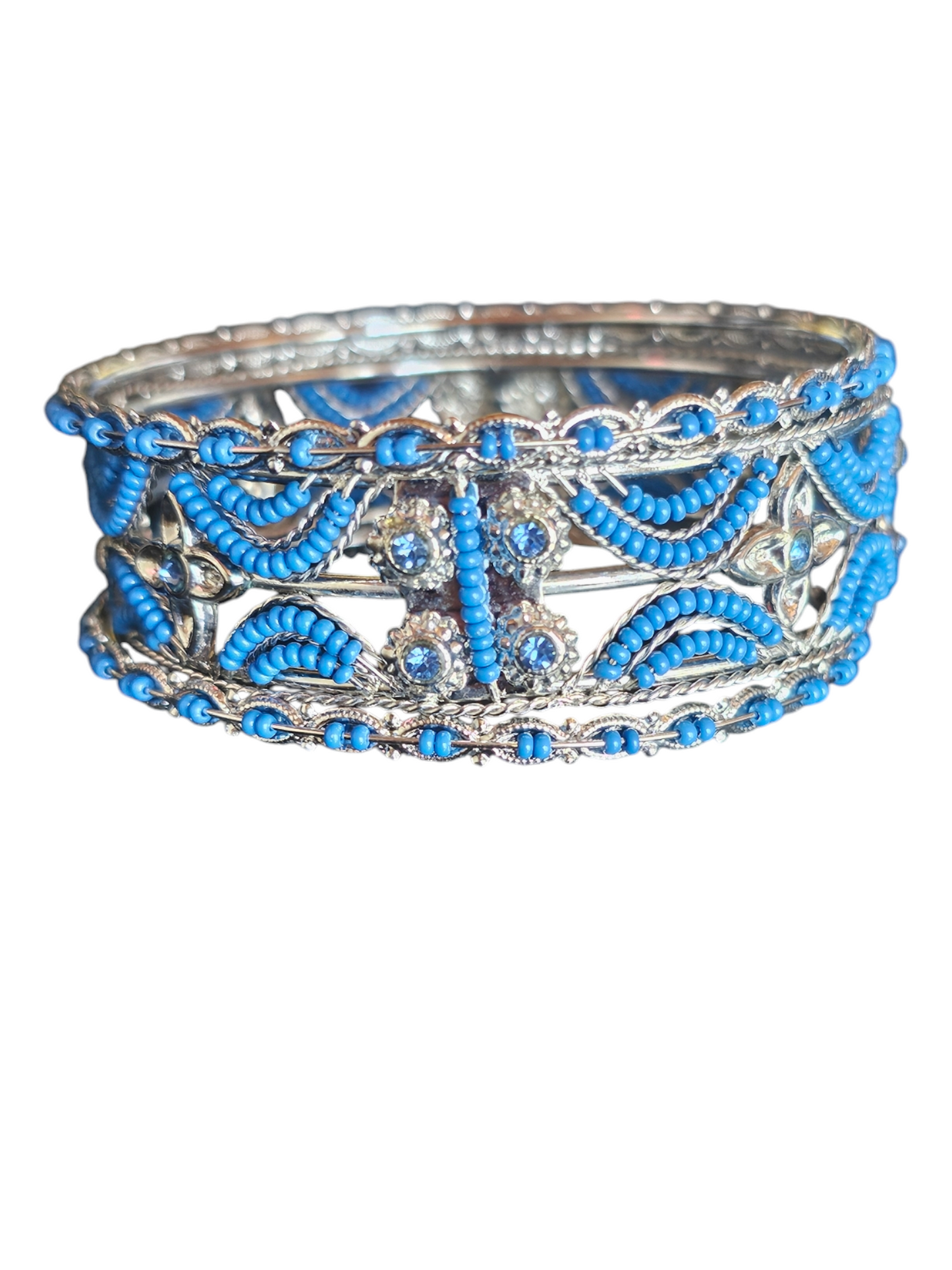 Silver/Cobalt Bead Indian Bangle Bracelet (set of 3)