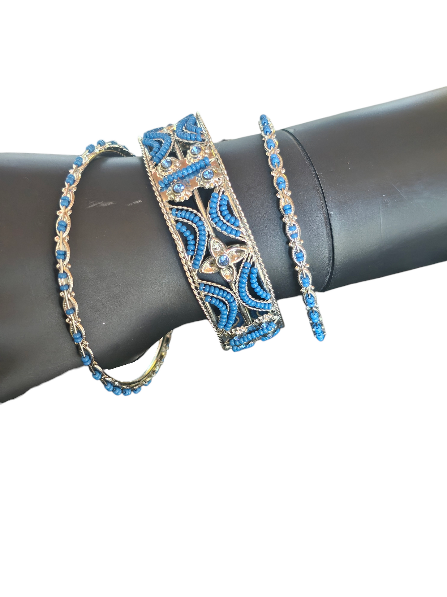 Silver/Cobalt Bead Indian Bangle Bracelet (set of 3)