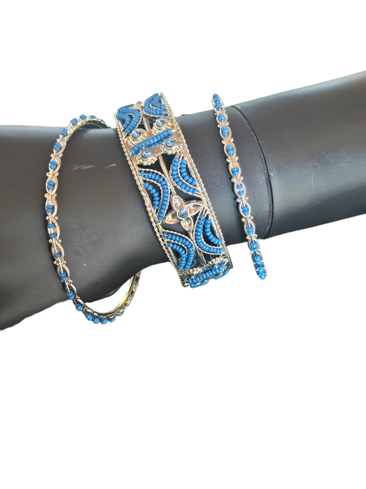 Silver/Cobalt Bead Indian Bangle Bracelet (set of 3)