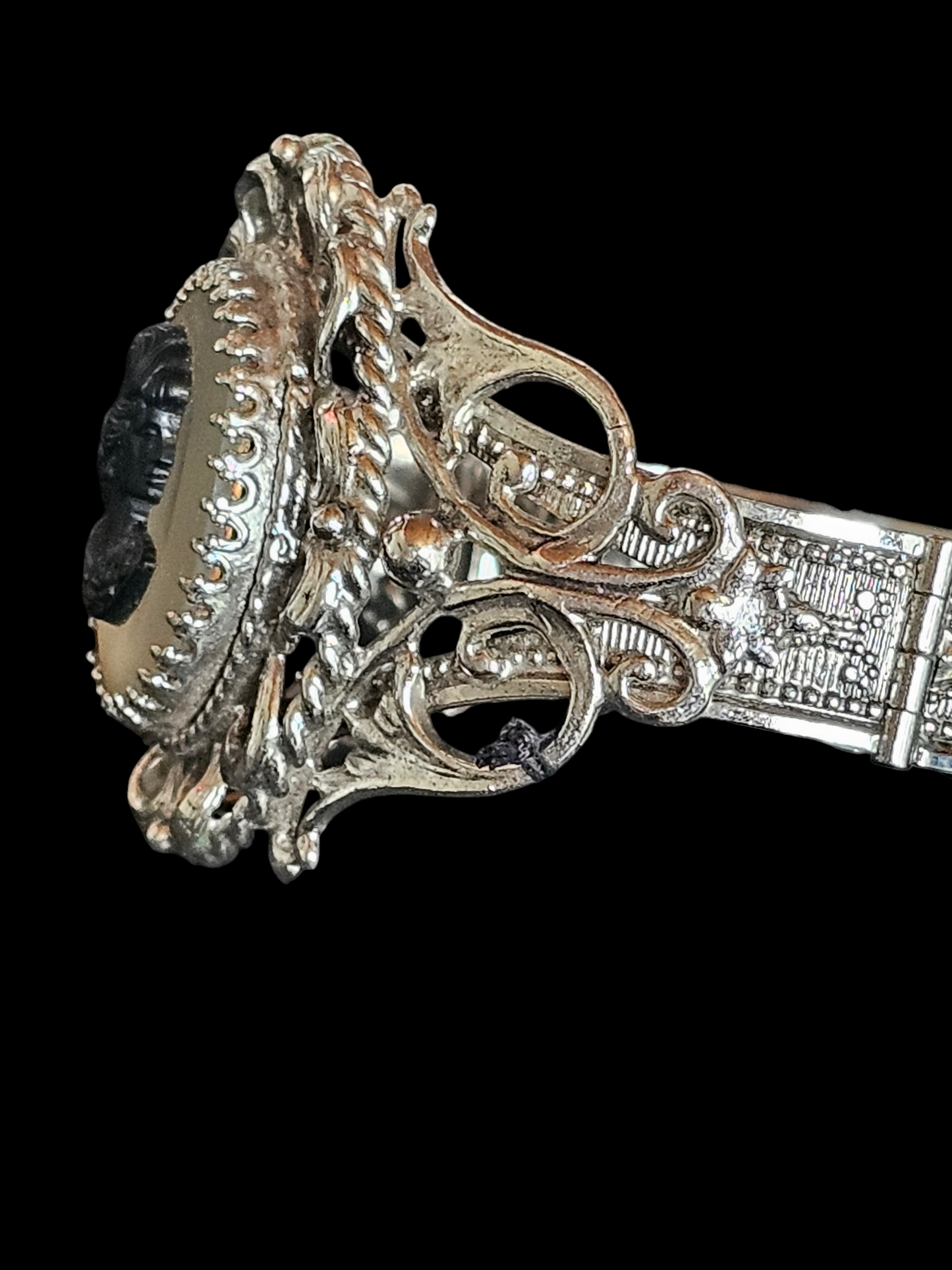 Cameo Silver Filigree Bracelet Cuff