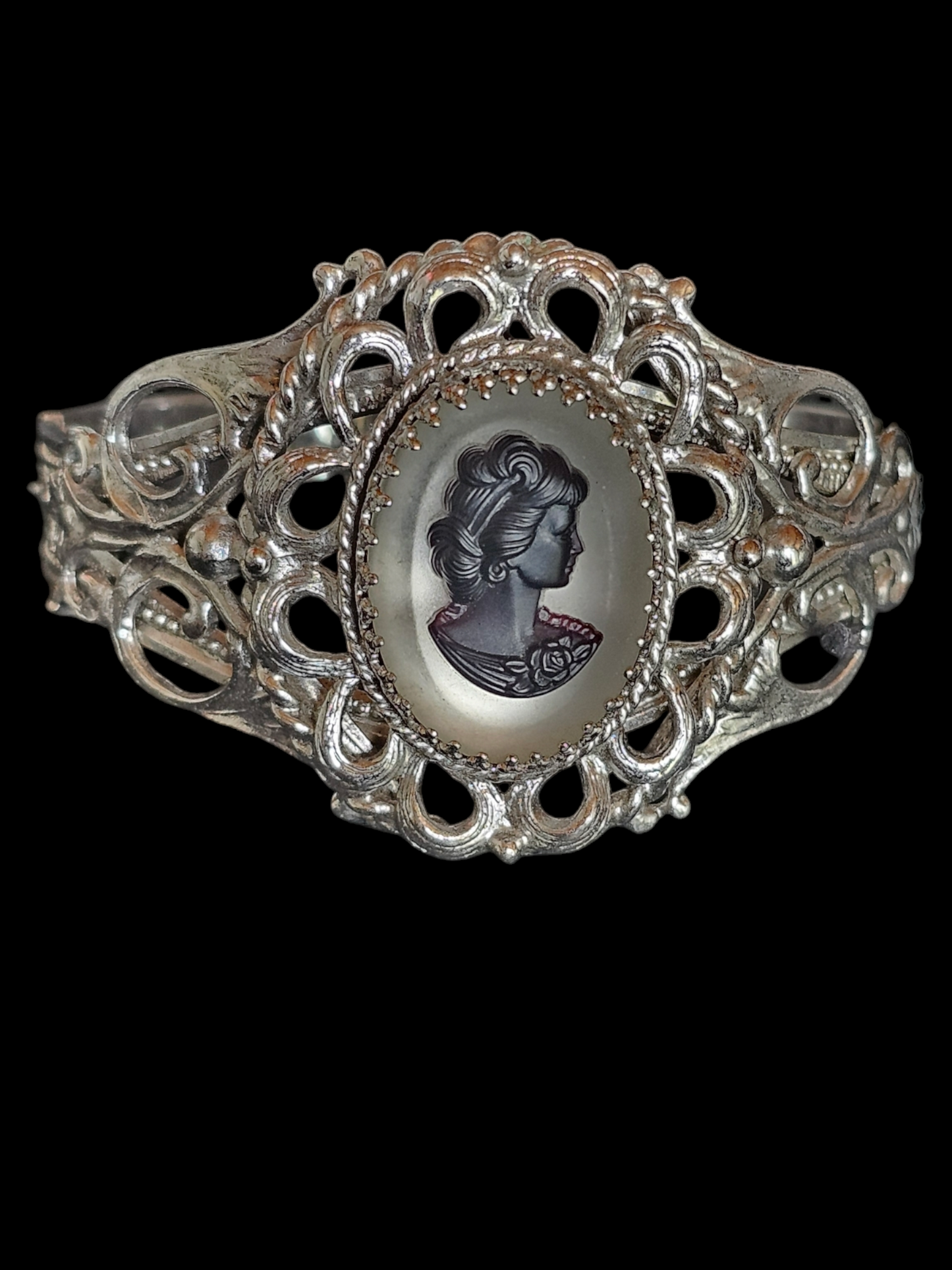 Cameo Silver Filigree Bracelet Cuff
