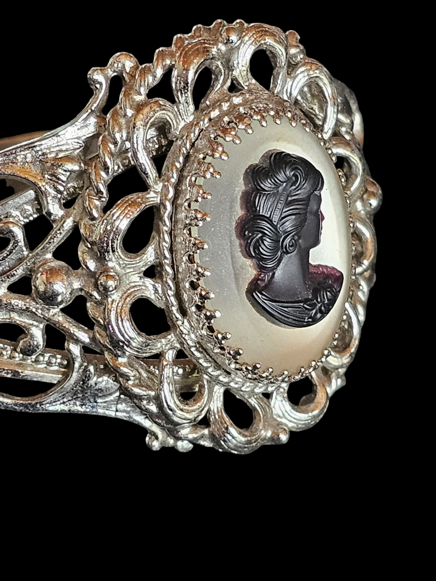 Cameo Silver Filigree Bracelet Cuff