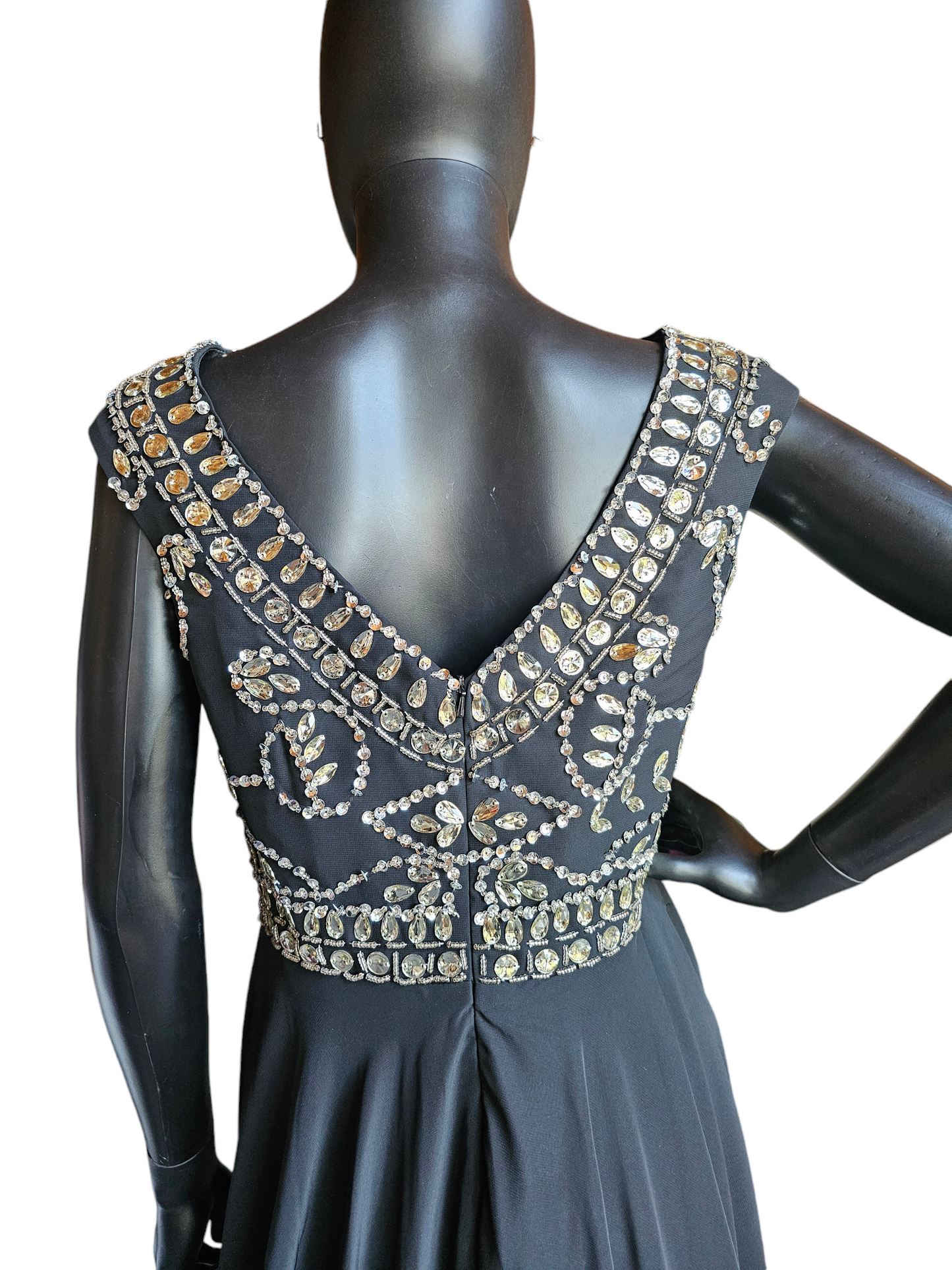 Black Chiffon Boatneck Large Crystal Bodice Full Length Formal Gown