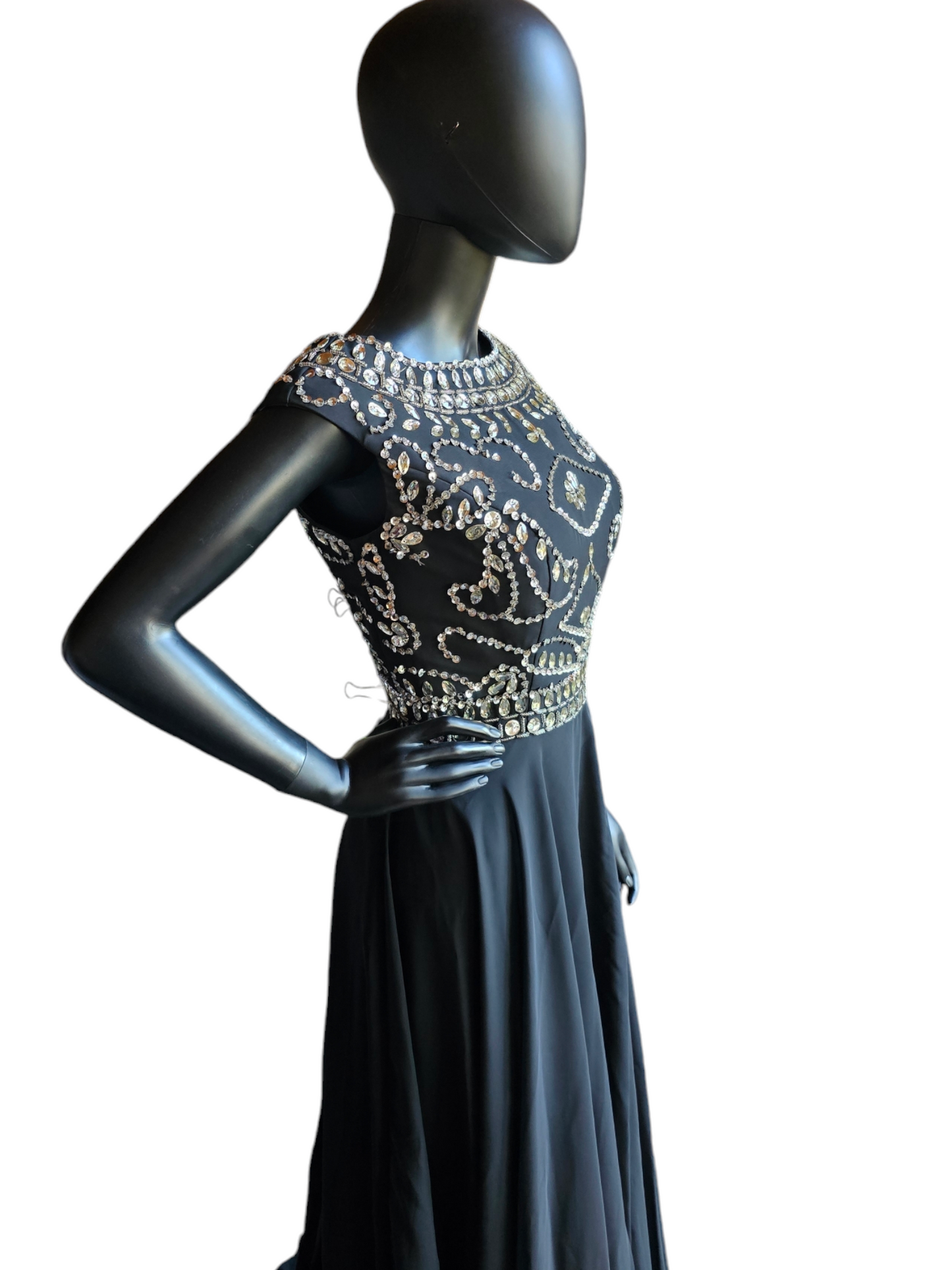 Black Chiffon Boatneck Large Crystal Bodice Full Length Formal Gown