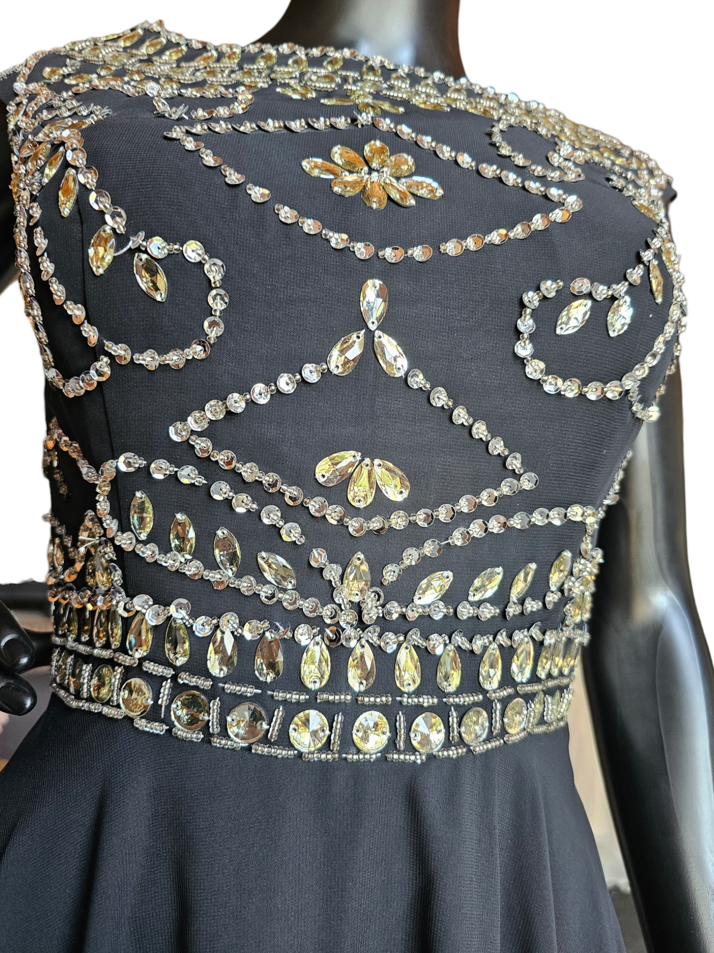 Black Chiffon Boatneck Large Crystal Bodice Full Length Formal Gown