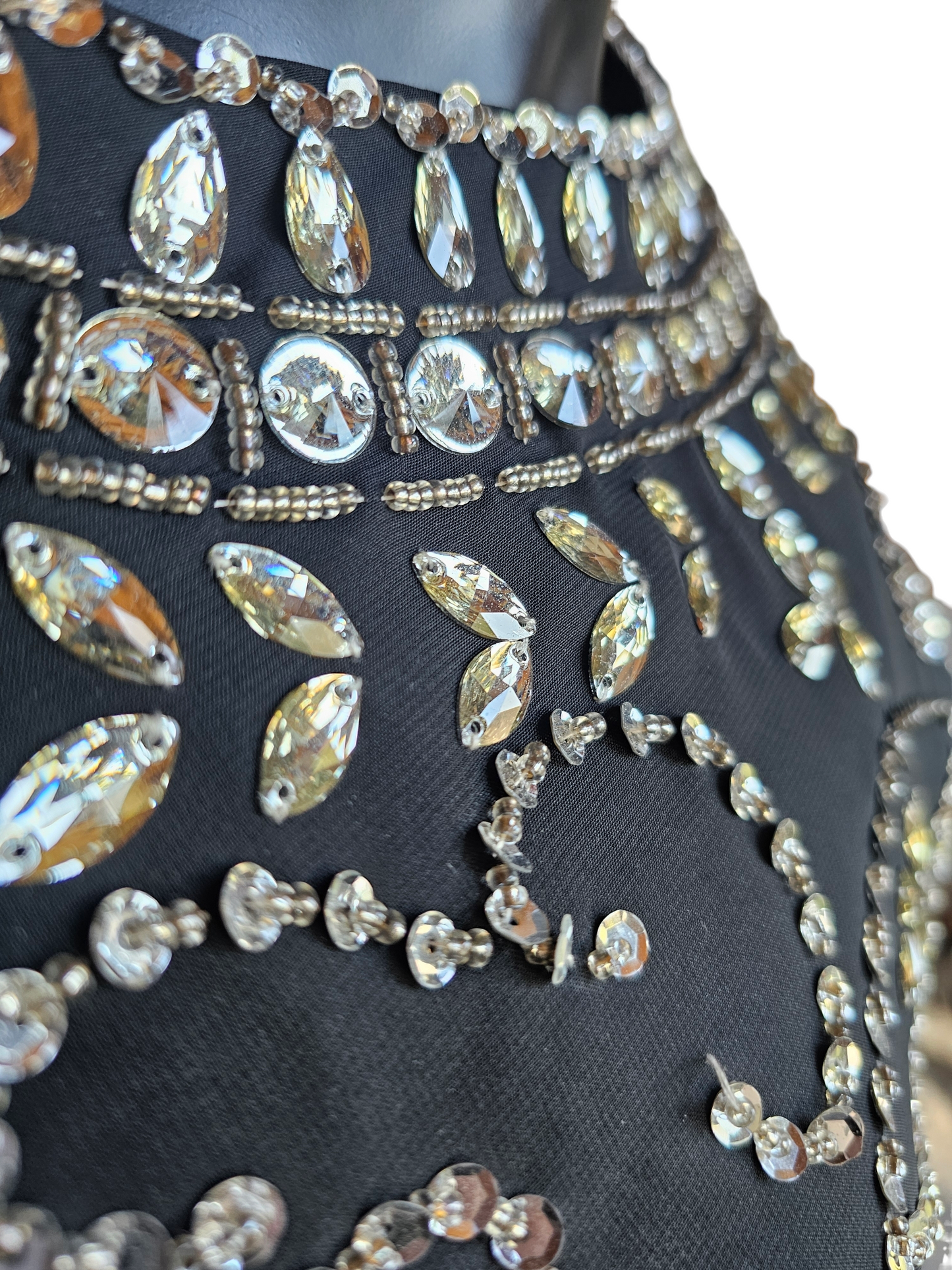 Black Chiffon Boatneck Large Crystal Bodice Full Length Formal Gown