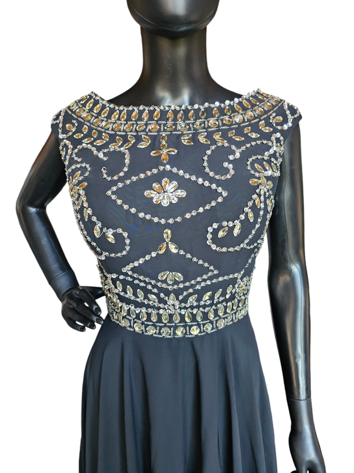 Black Chiffon Boatneck Large Crystal Bodice Full Length Formal Gown